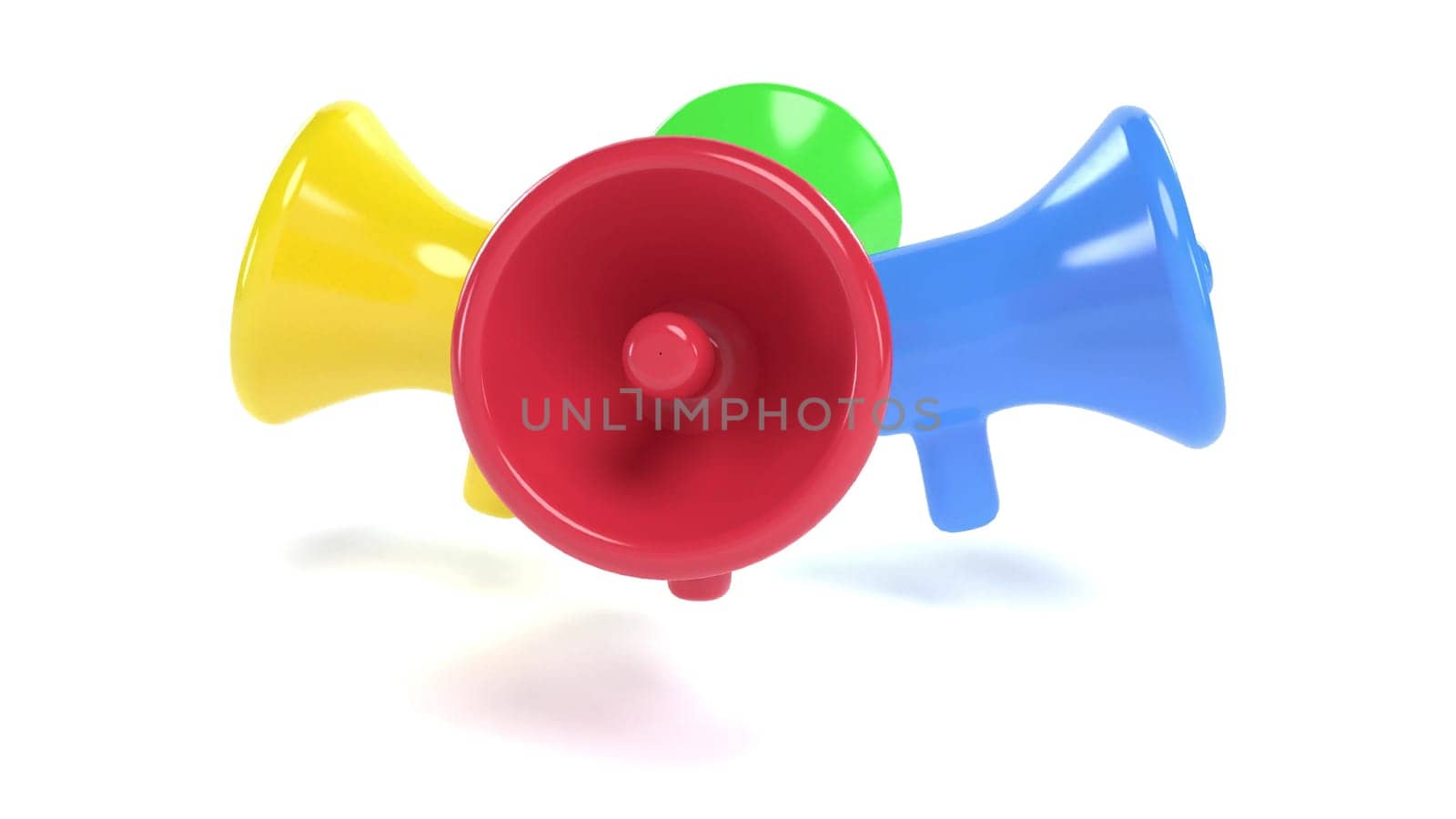 Four colored plastic megaphones rotate on a white back 3d render by Zozulinskyi