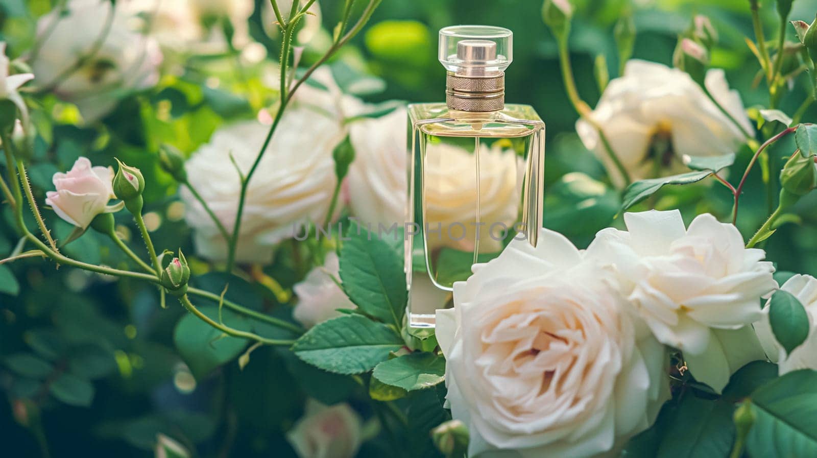 Perfume bottle in flowers, fragrance on blooming background, floral scent and cosmetic product idea