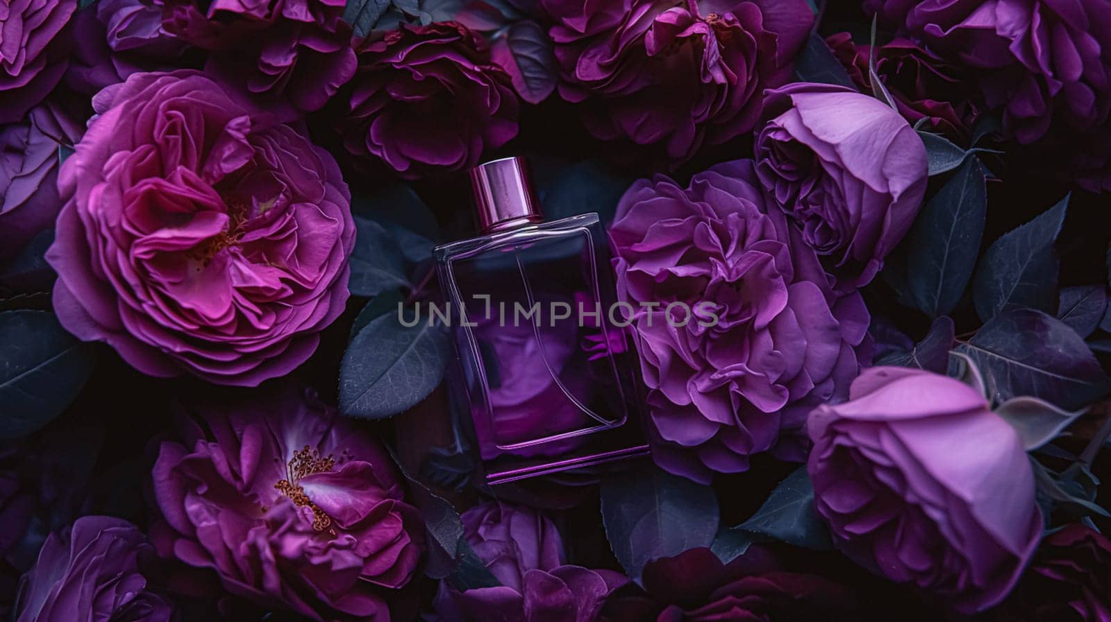 Perfume bottle in flowers, fragrance on blooming background, floral scent and cosmetic product idea