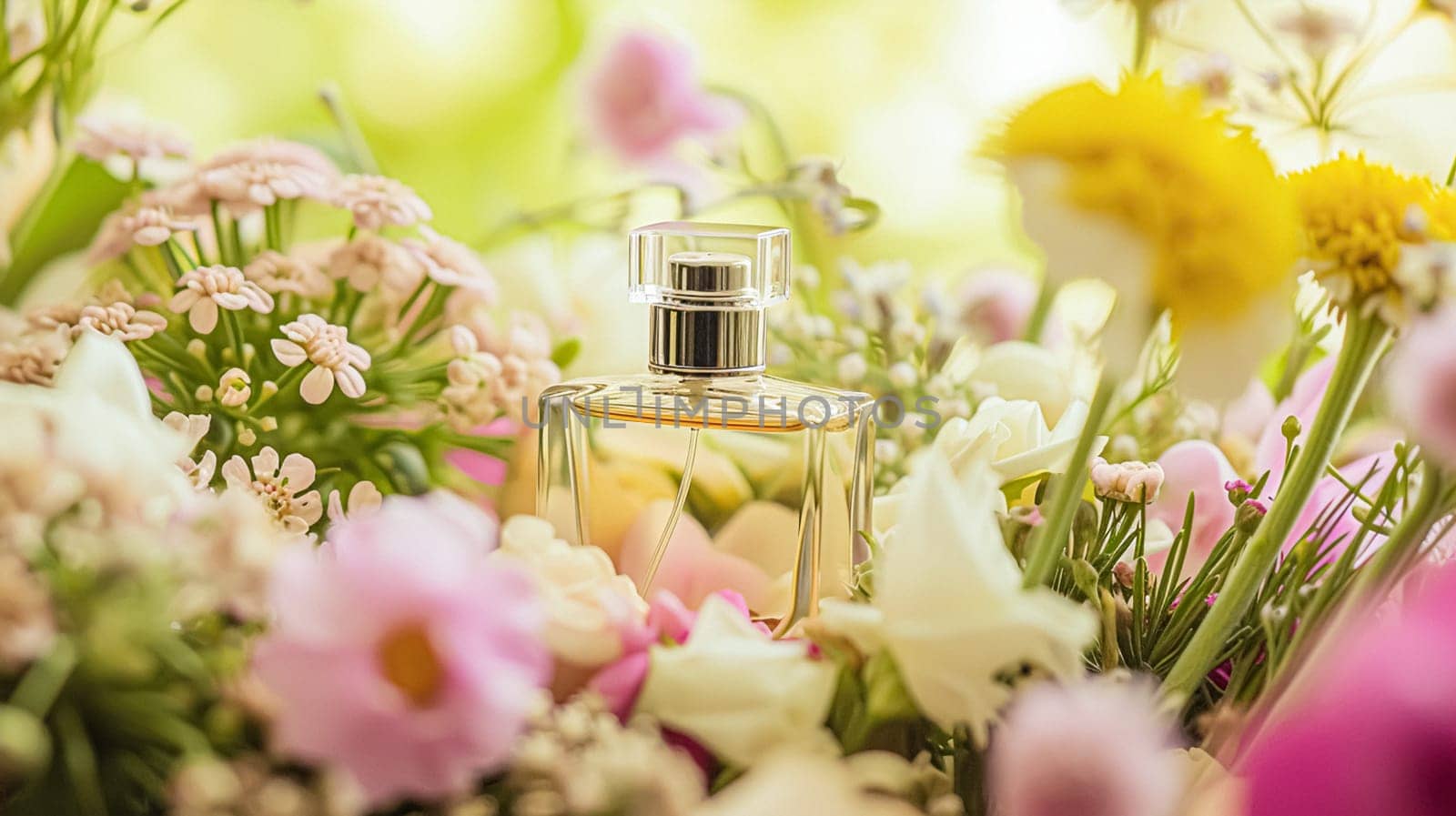 Perfume bottle in flowers, fragrance on blooming background, floral scent and cosmetic product idea