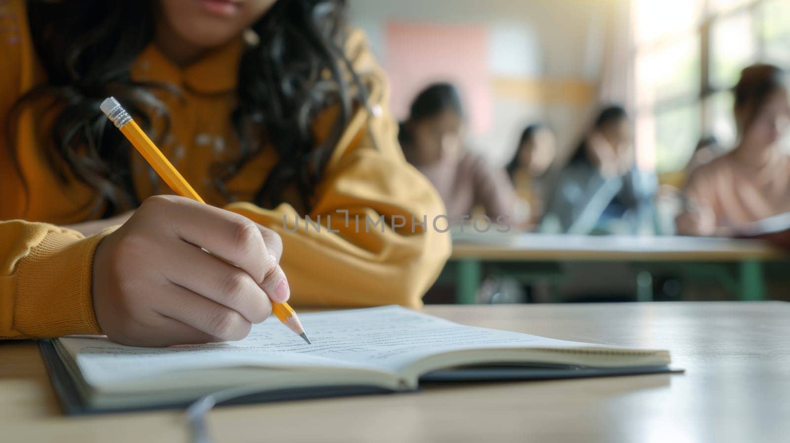 Close up of Asian student girl writing an exam paper in class.