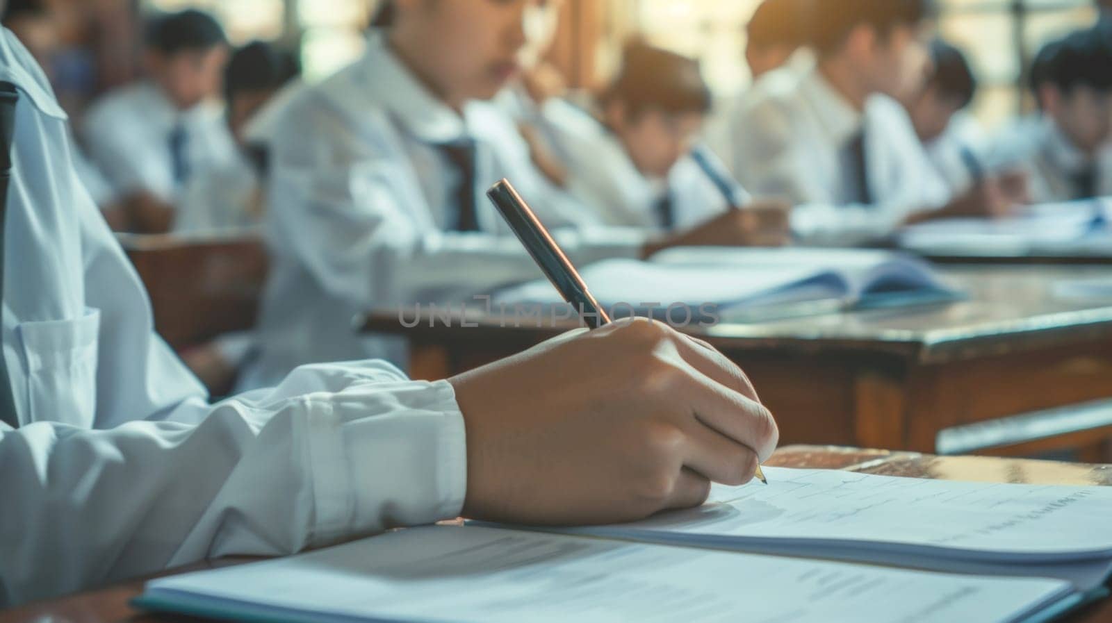 Close up of asian high school students wearing white uniform taking exam in classroom.