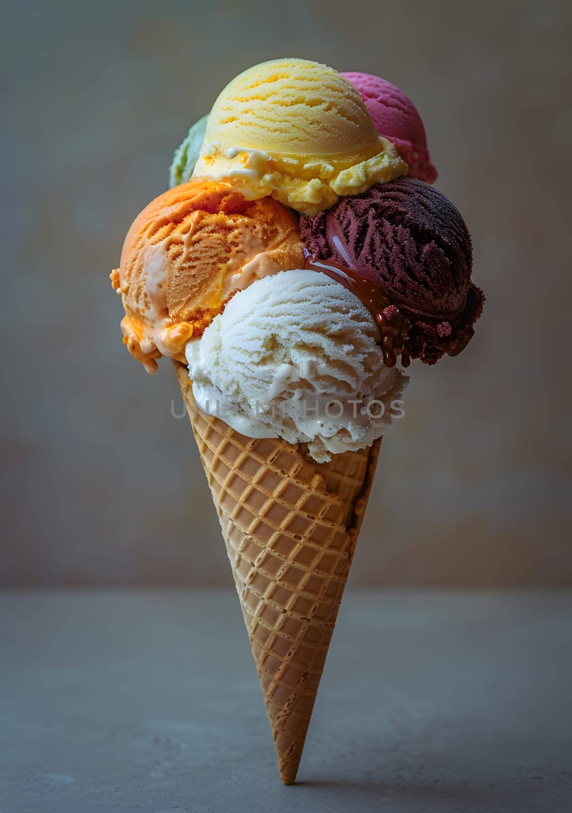 Indulge in a waffle cone filled with a mix of delicious ice cream flavors like gelato, sorbetes, and soy ice cream. A perfect treat from the world of cuisine and fast food
