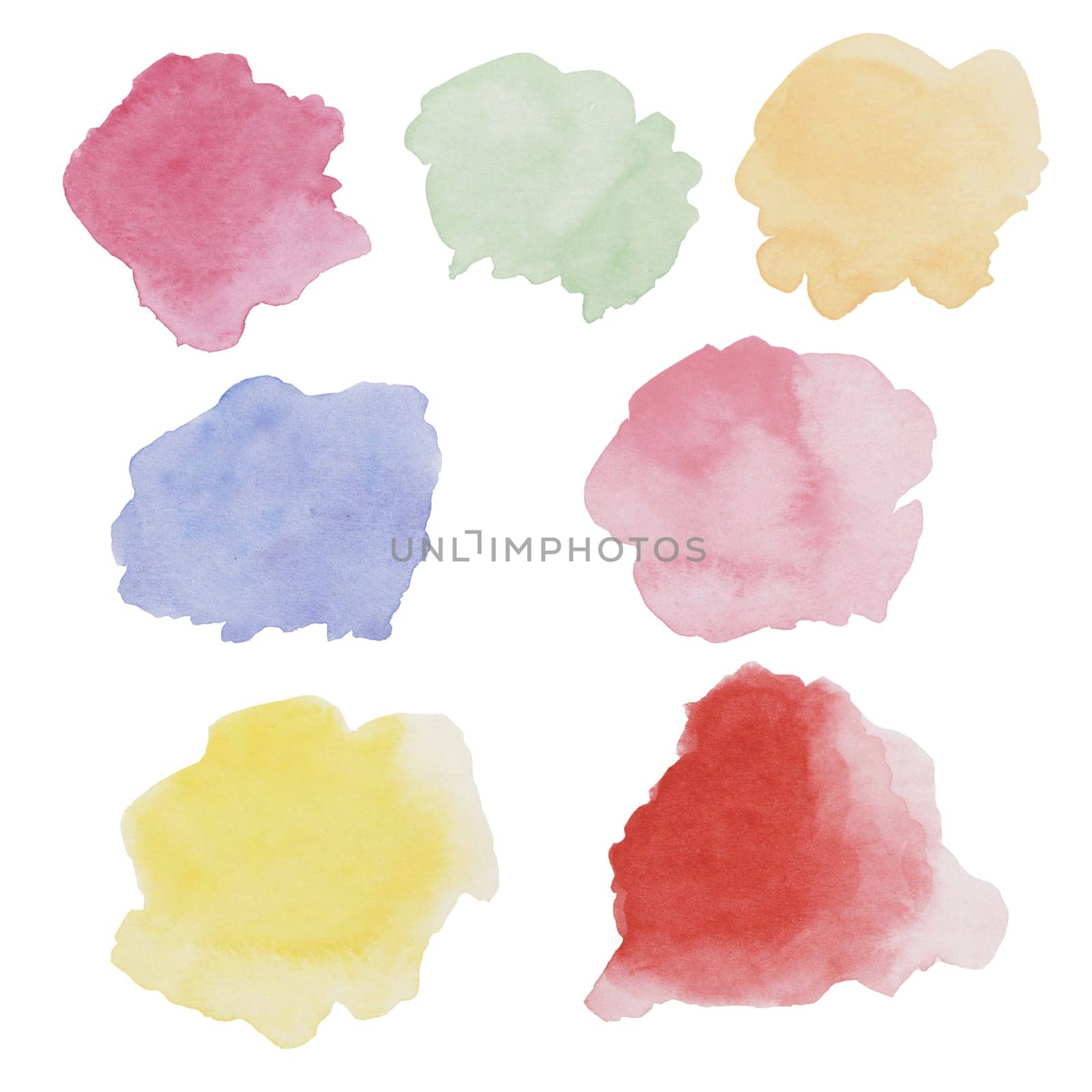 Watercolor smears, brush strokes in pastel vintage style for boho design, retro children toy theme. Hand drawn watercolor pink, green, yellow, blue, red clipart for cards, invitations, baby showers.