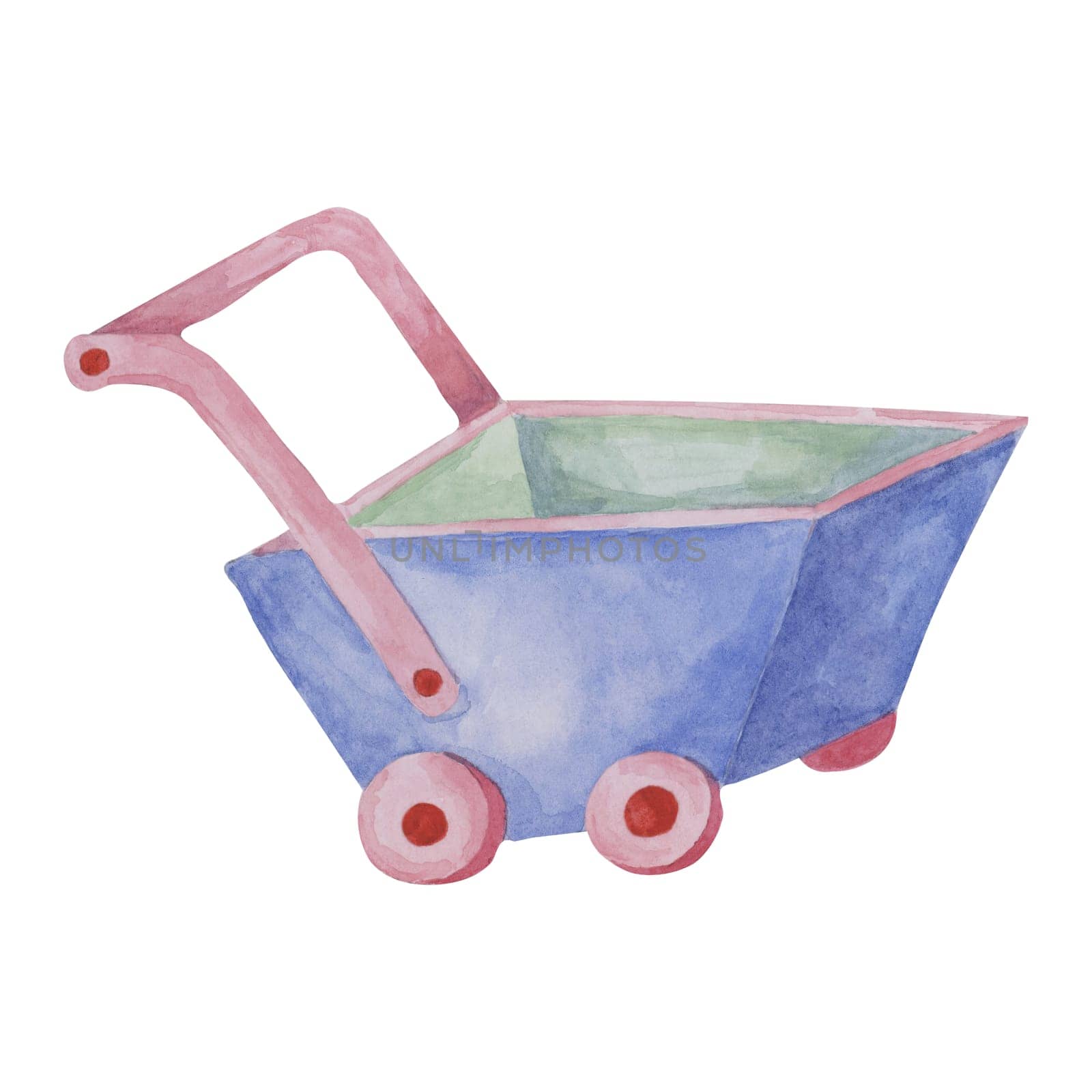 Wheelbarrow vintage blue toy. Wooden cart, eco play object clipart. Retro gardening tool watercolor illustration for kids party, sticker, scrapbooking, invitations, baby shower, nursery decor