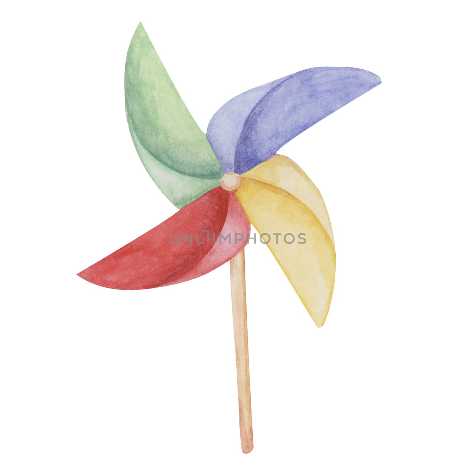 Pinwheel vintage colorful toy. Educational wind fan eco play object clipart. Retro whirligig watercolor illustration for kids party, sticker, scrapbooking, invitations, baby shower, nursery decor