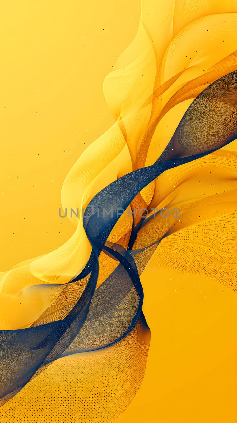 A closeup shot of a vibrant yellow and electric blue ribbon against a soft yellow background, resembling a petal of a peach flower in still life photography