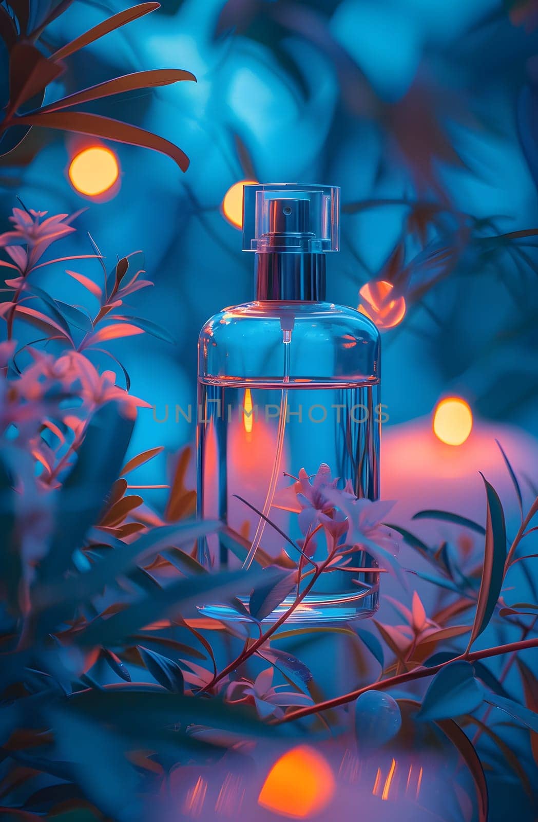 A liquid bottle of perfume sits on a windowsill surrounded by vibrant purple flowers, green leaves, and a branch. The azure water in the bottle complements the natural beauty of the organism