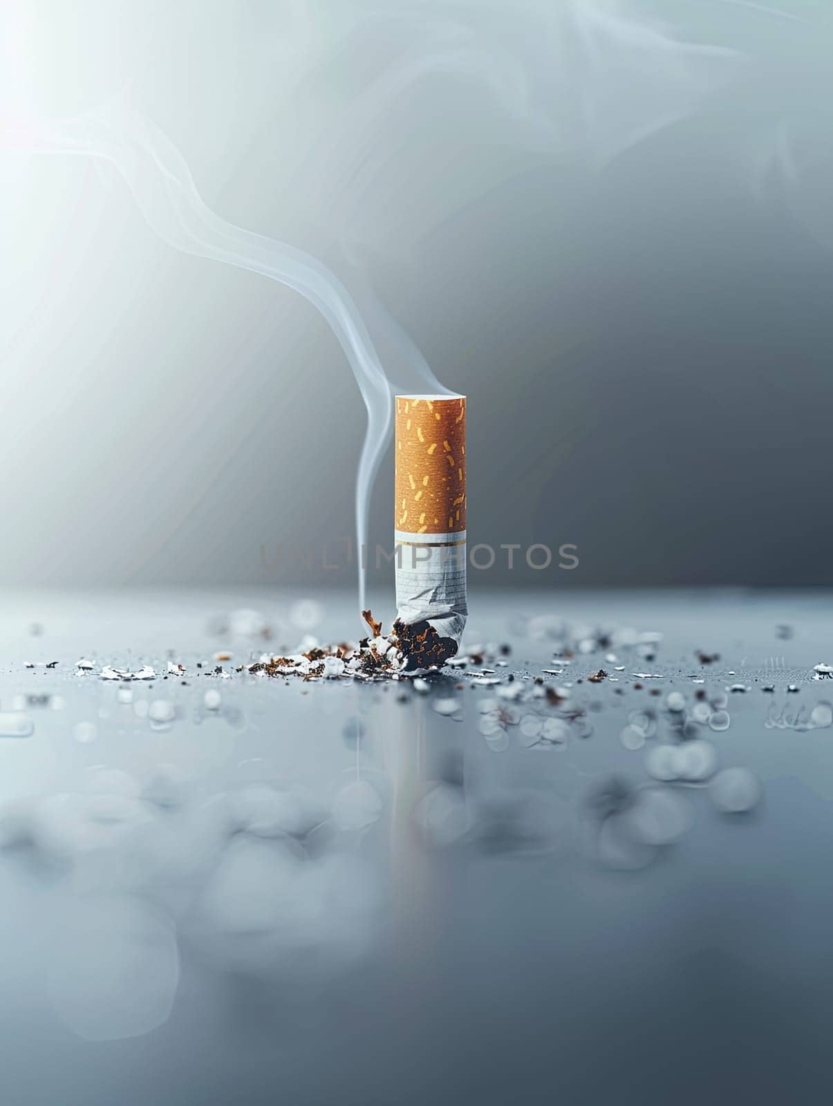 Single standing cigarette with smoke rising and scattered ashes on reflective surface with blurred background with empty space. Health risks and addiction theme concept. Ai generation. by Lunnica
