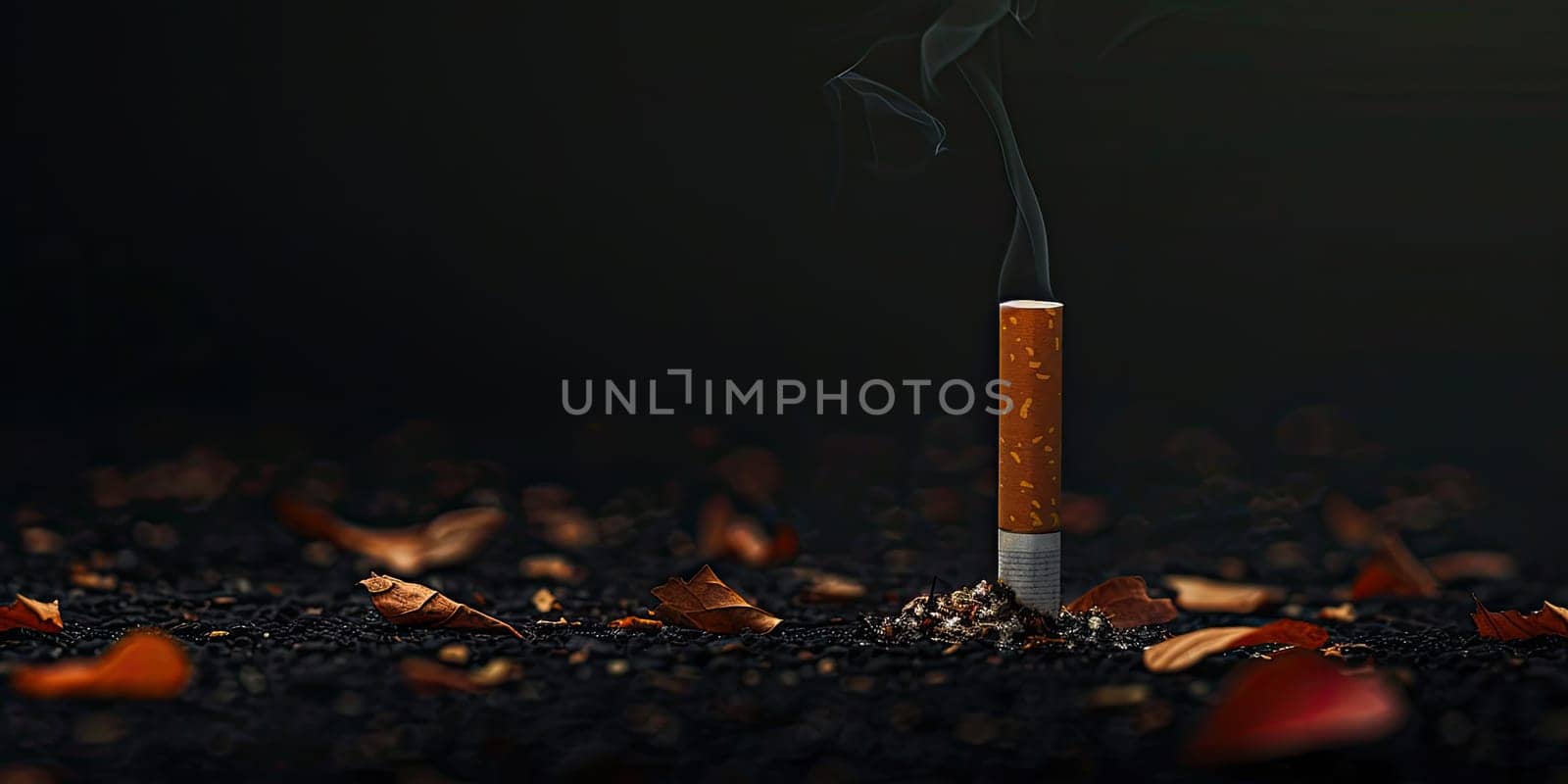 Single lit cigarette standing upright on dark surface with ash and smoke with empty space. Concept of smoking dangers and health risks. No tobacco day. Ai generation. by Lunnica