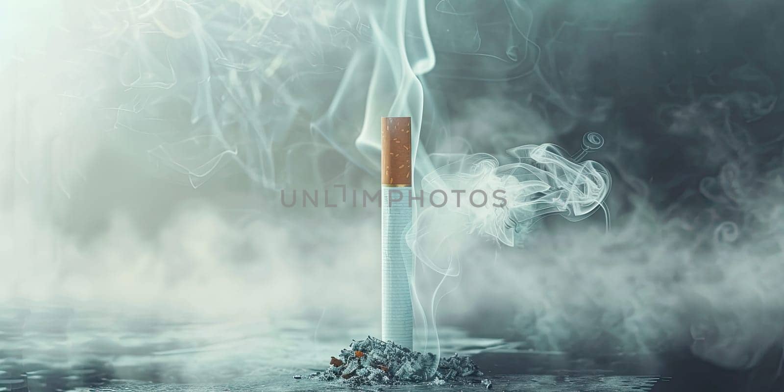 Extinguished cigarette standing on dark surface with rising smoke and ash on dark background. Dangers of smoking and addiction concept. No tobacco day. Ai generation. by Lunnica