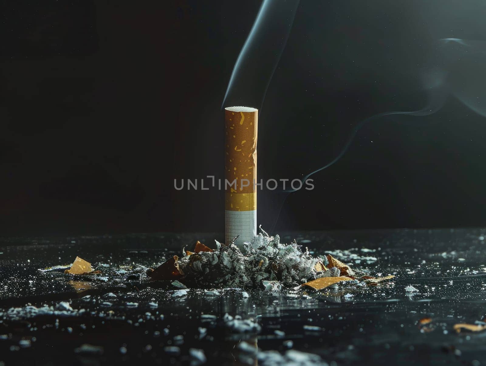 Burning cigarette standing on ash pile with smoke on dark background. Concept of addiction, health risks, and smoking cessation challenge. No tobacco day. Ai generation. by Lunnica