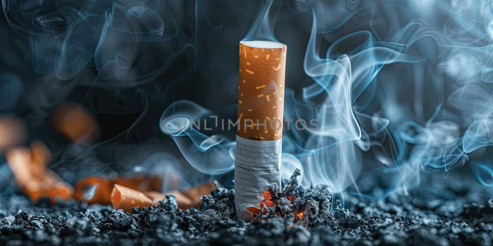 Burning cigarette standing upright on ash with smoke on dark background swirling around. Symbol of smoking, addiction, and health hazards. Ai generation. by Lunnica