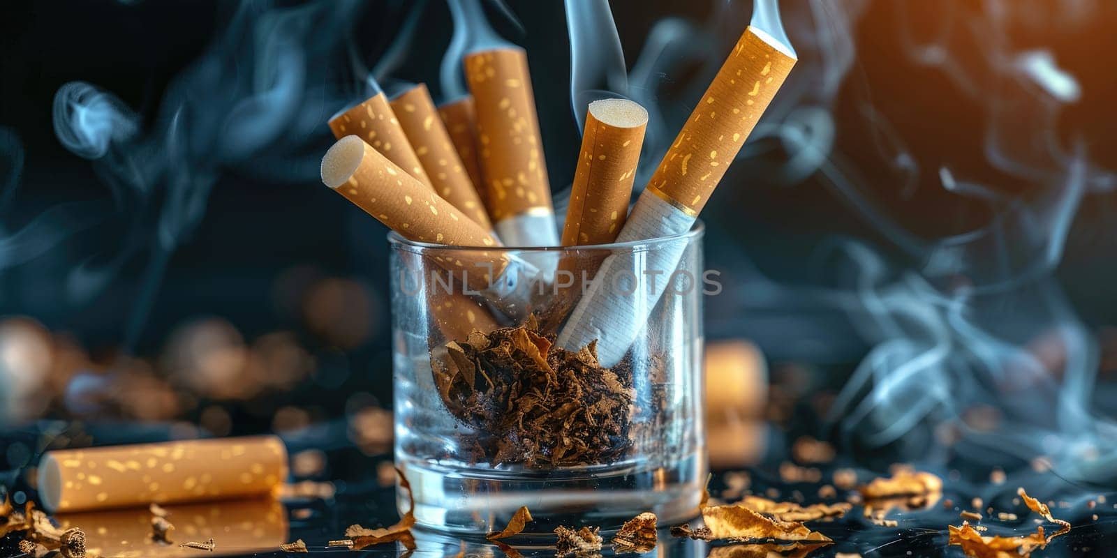 Cigarettes with smoke rising and ash in glass ashtray on black background. Addiction and smoking cessation concept on dark background. No tobacco day. Ai generation. by Lunnica