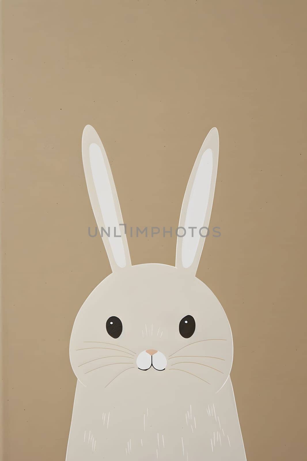 A close up of a white rabbits head with expressive eyes, long whiskers, and floppy ears, set against a brown background