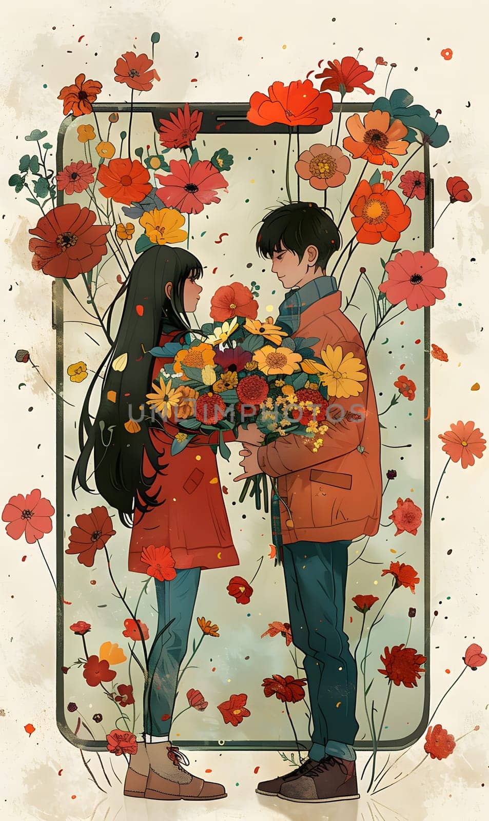 A boy and a girl are standing together with a cell phone surrounded by flowers. The colorful petals add a vibrant touch to the creative arts scene