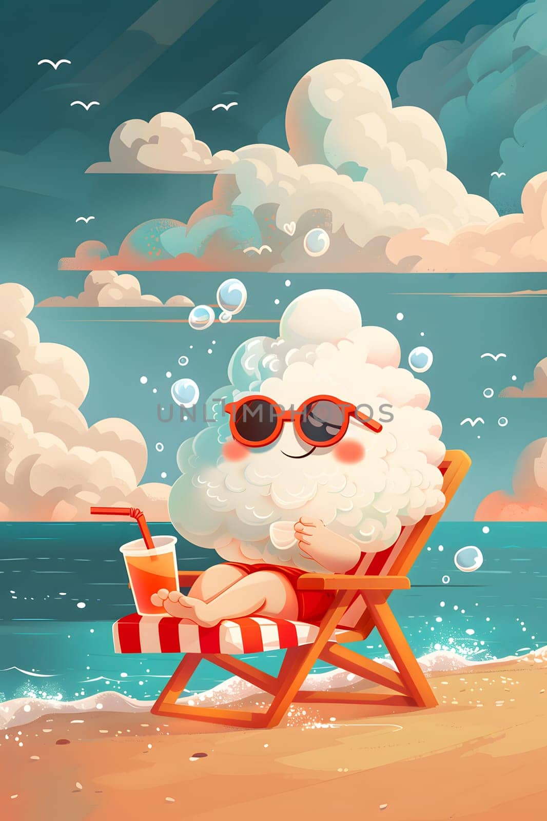 A happy cartoon character is sitting in a chair on the beach, painting the azure sky filled with fluffy cumulus clouds using aqua paint