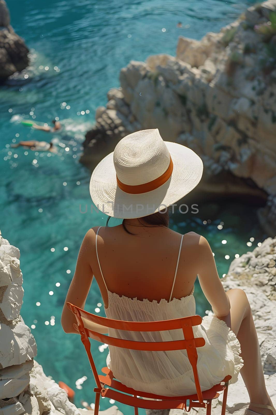 A woman in a sun hat is seated on a chair enjoying the azure waters of the ocean. She is immersed in nature, traveling, and leisure during the summer season