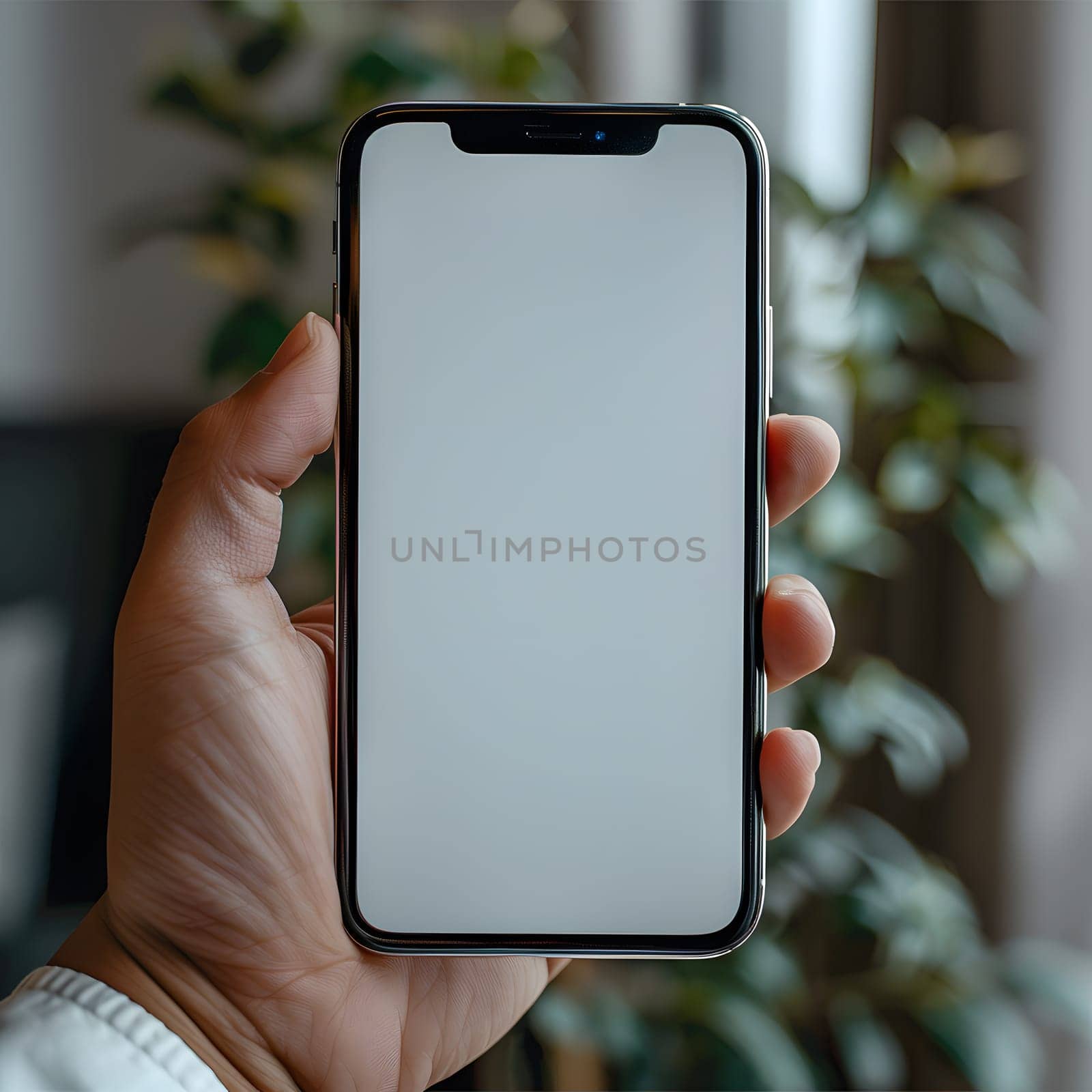 A person is holding a Communication Device with a white rectangular Display screen. They are using their Thumb to interact with the Portable communications device, making gestures on the Gadget