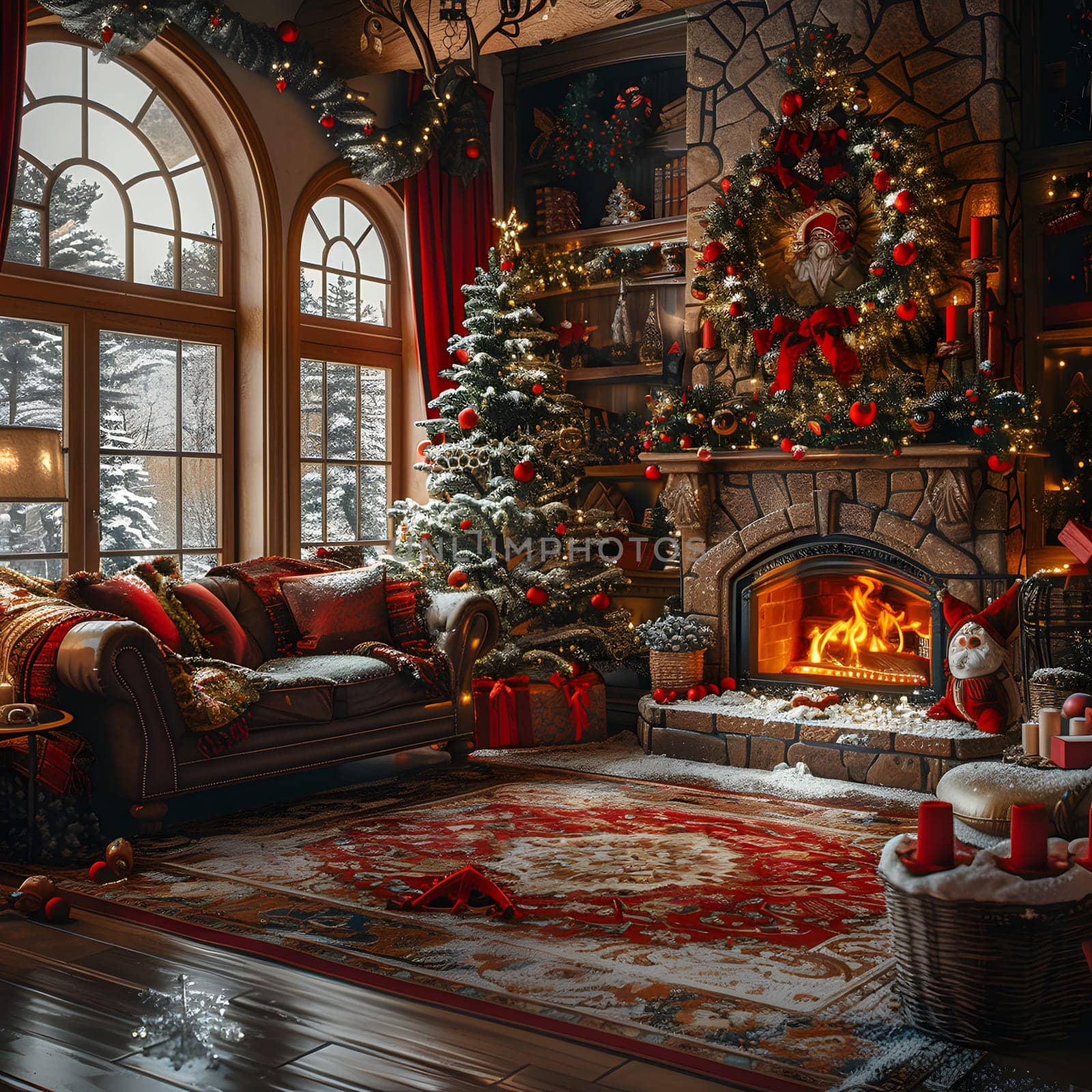 A festive living room with a Christmas tree, couch, and fireplace, adorned with holiday decorations and ornaments. The cozy interior design brings the Christmas spirit to life