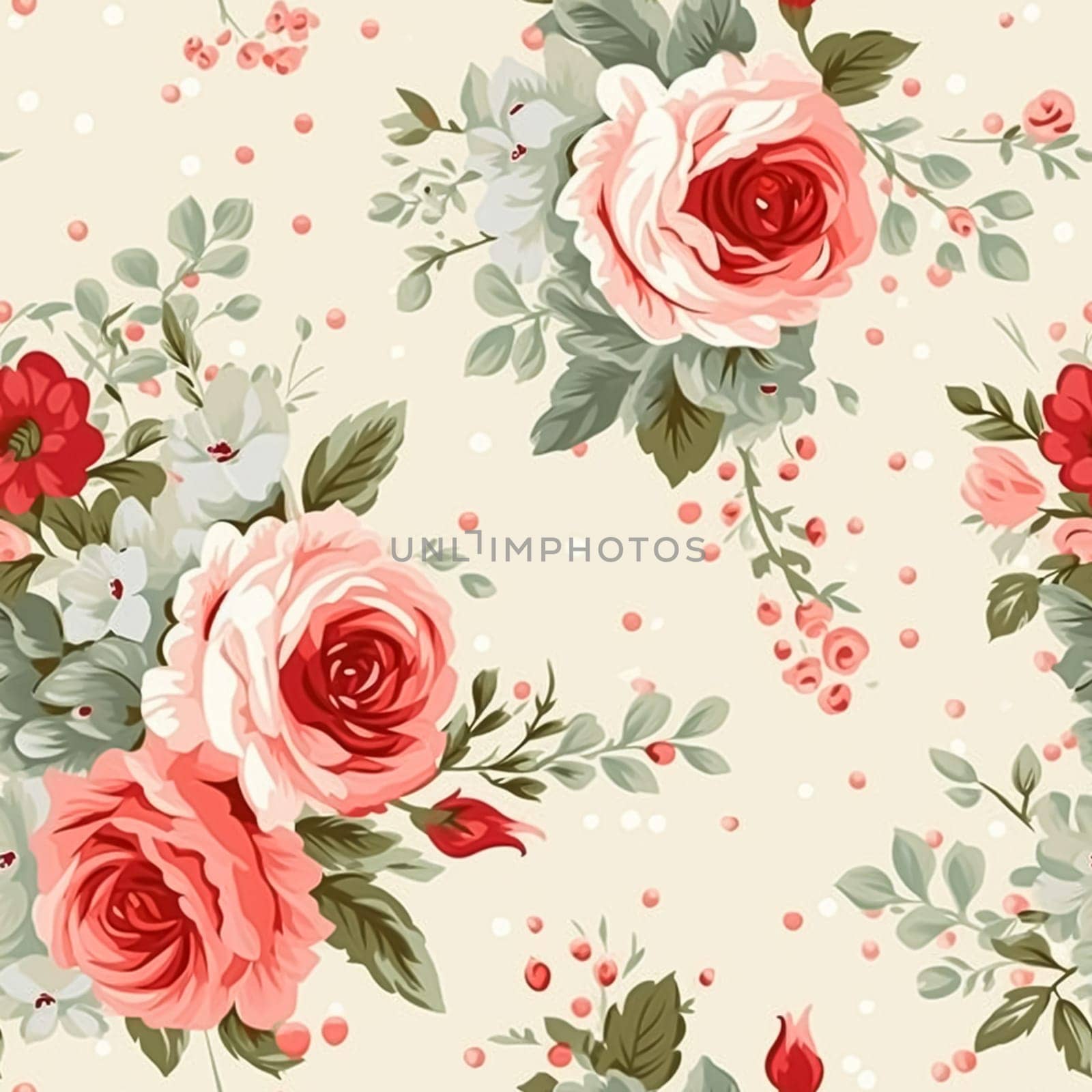 Seamless pattern, tileable floral country holiday print with roses, dots and flowers for wallpaper, wrapping paper, scrapbook, fabric and polka dot roses product design idea