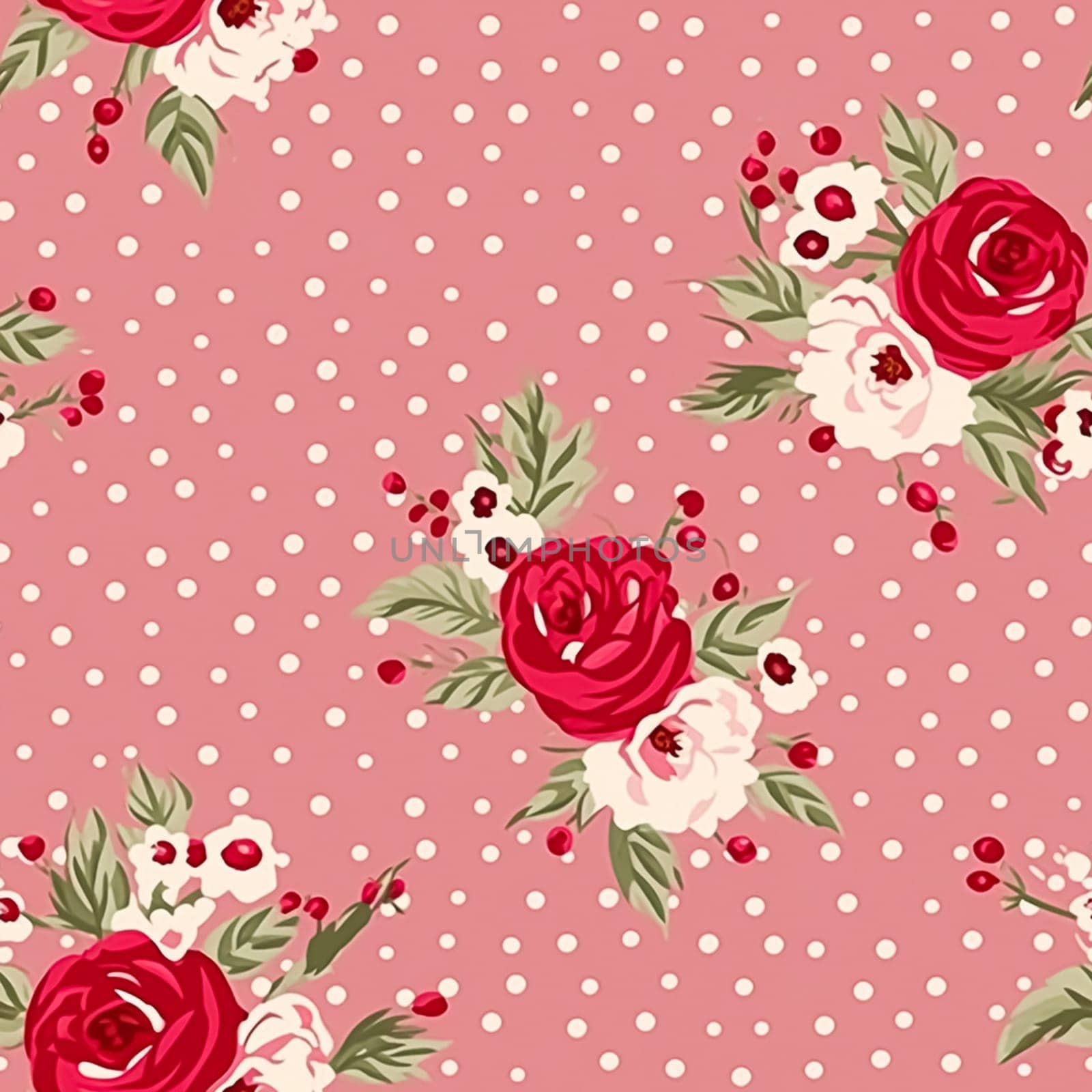 Seamless pattern, tileable floral country holiday print with roses, dots and flowers for wallpaper, wrapping paper, scrapbook, fabric and polka dot roses product design idea