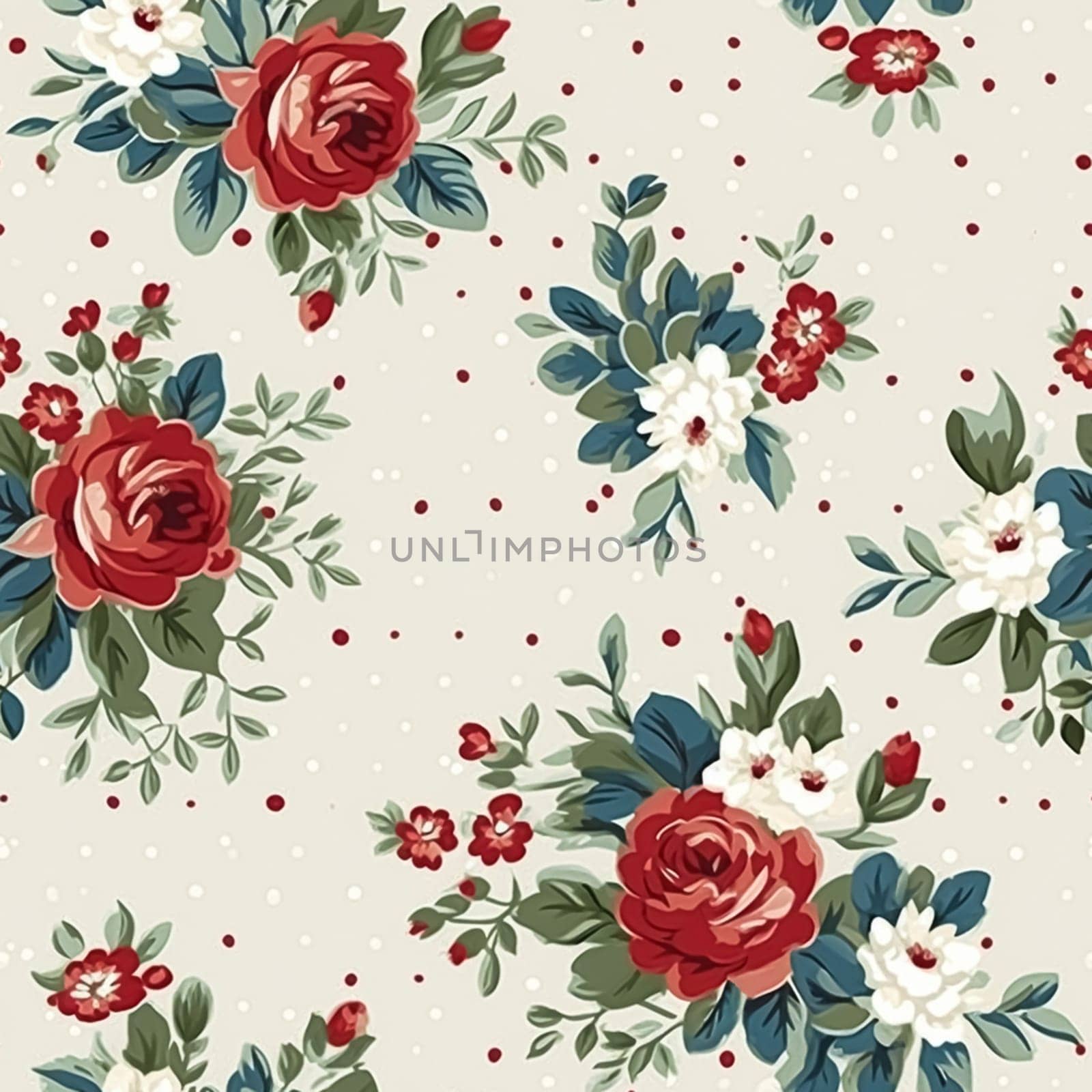 Seamless pattern, tileable floral country holiday print with roses, dots and flowers for wallpaper, wrapping paper, scrapbook, fabric and polka dot roses product design by Anneleven