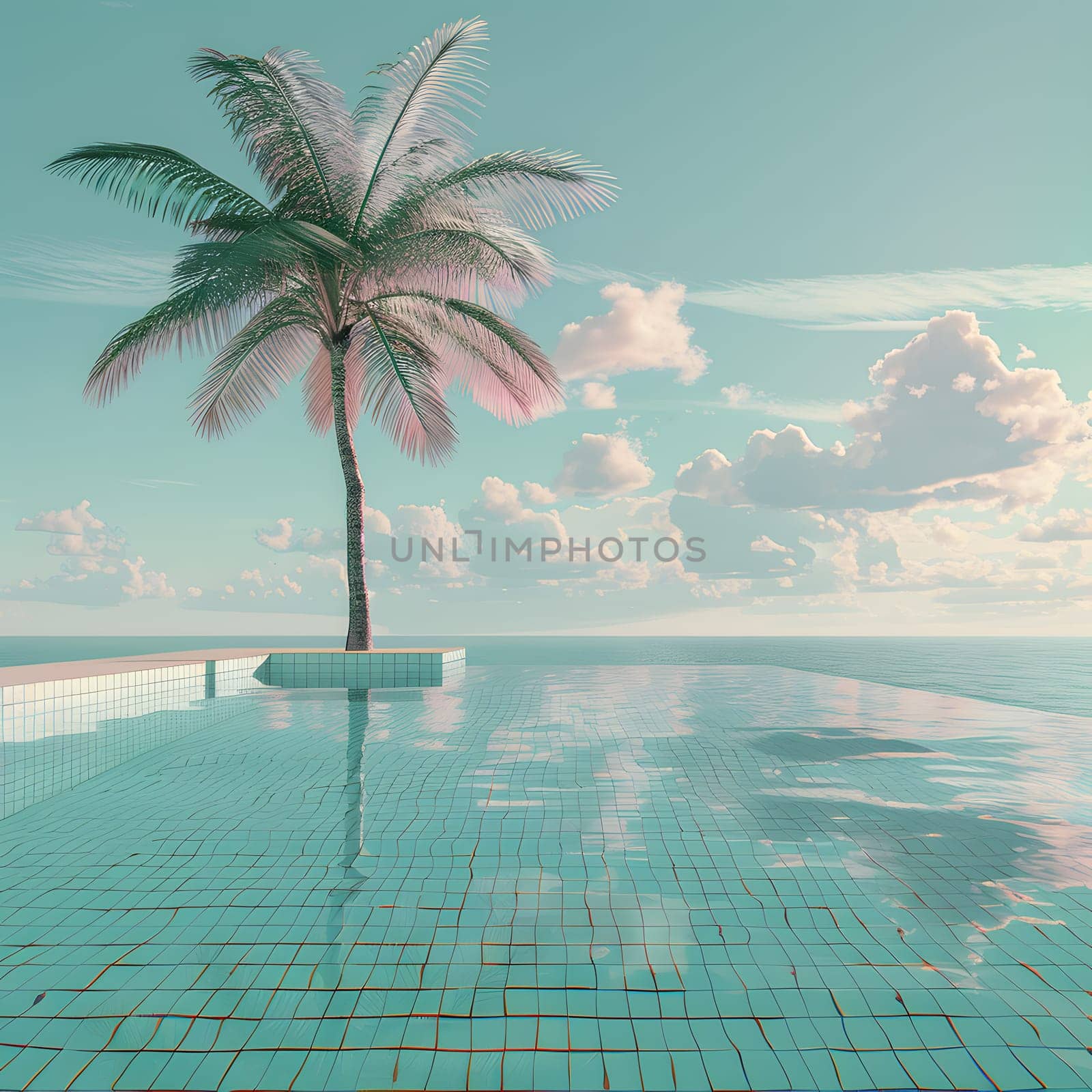 A beautiful azure swimming pool with a majestic palm tree in the background, under a clear sky with fluffy white clouds, creating a serene and tropical ambiance