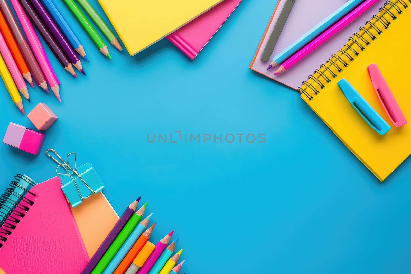 A blue background with a bunch of colorful school supplies including pencils.