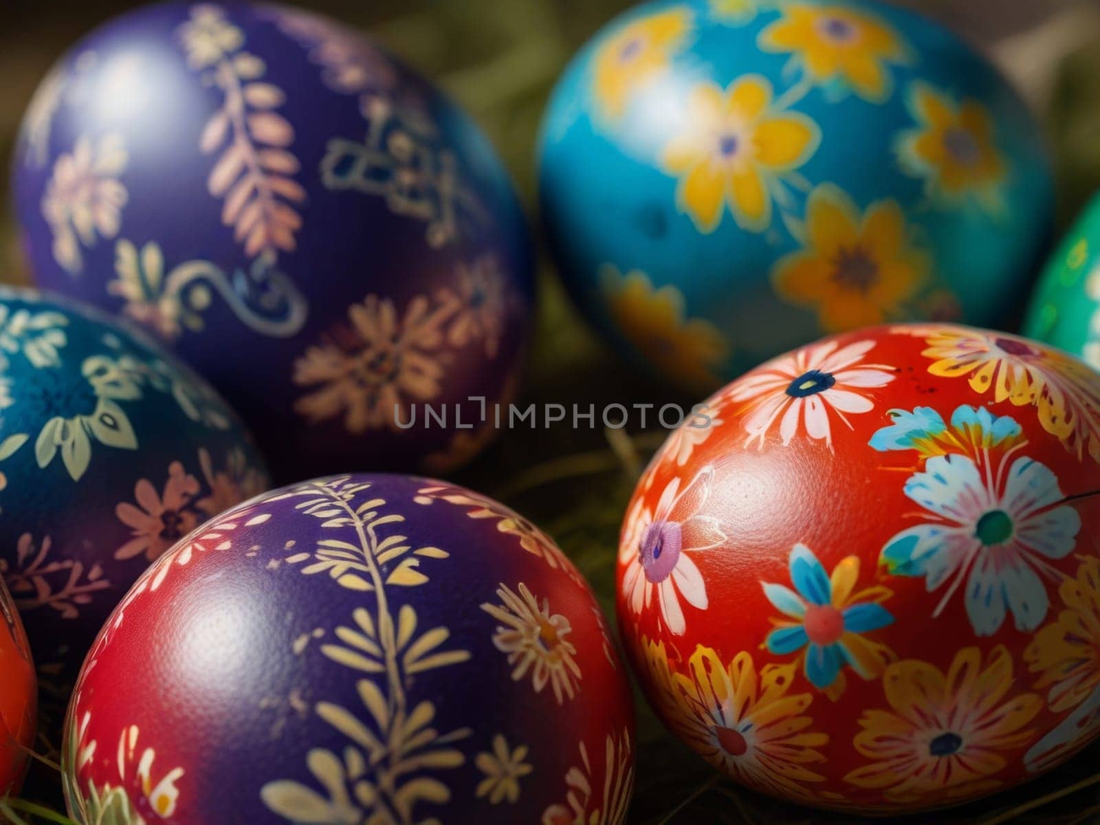 Bright painted Easter eggs close-up. Generative Ai by Yurii73