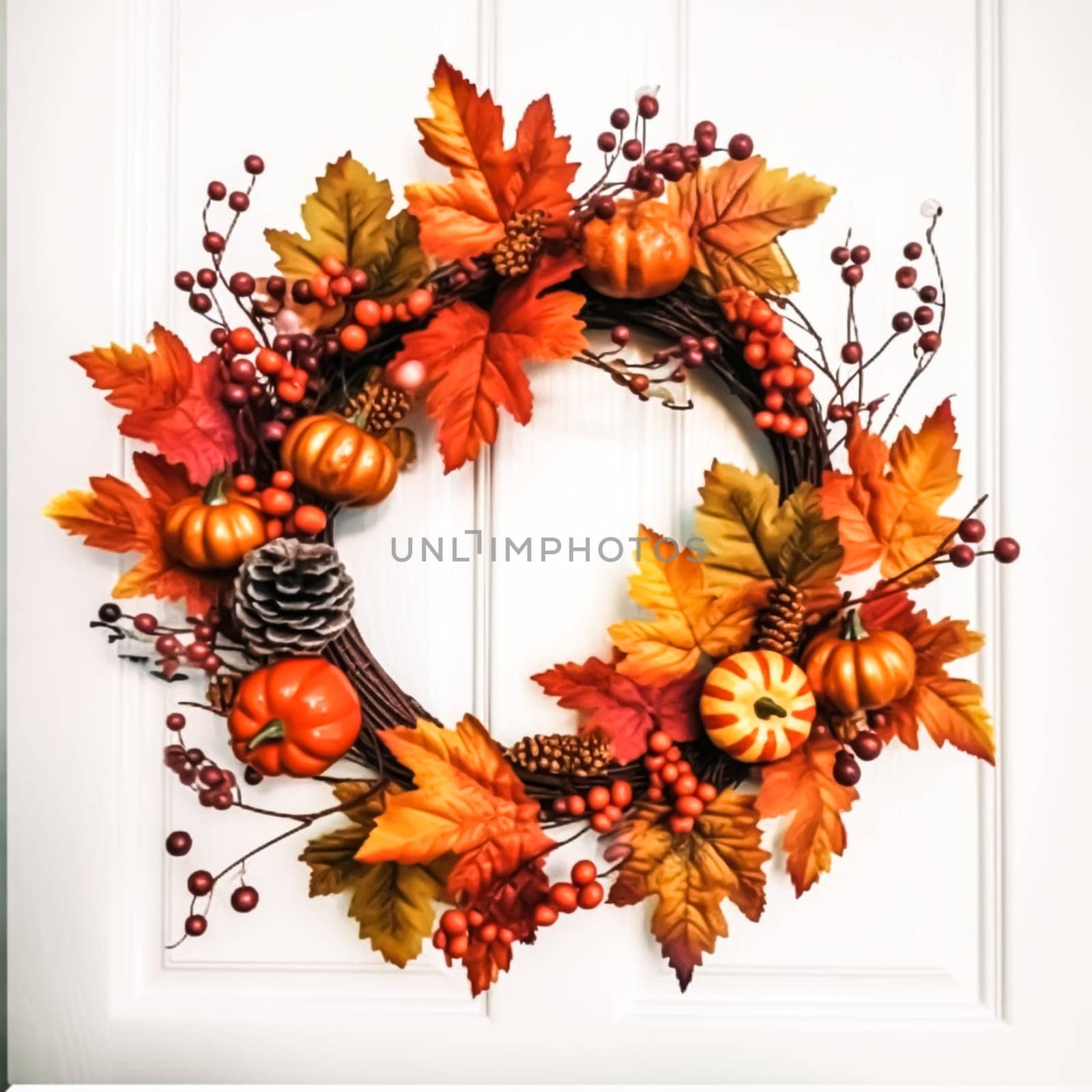 Autumn wreath as decoration on white door, welcoming autumn holiday season with autumnal decorations, generative ai by Anneleven