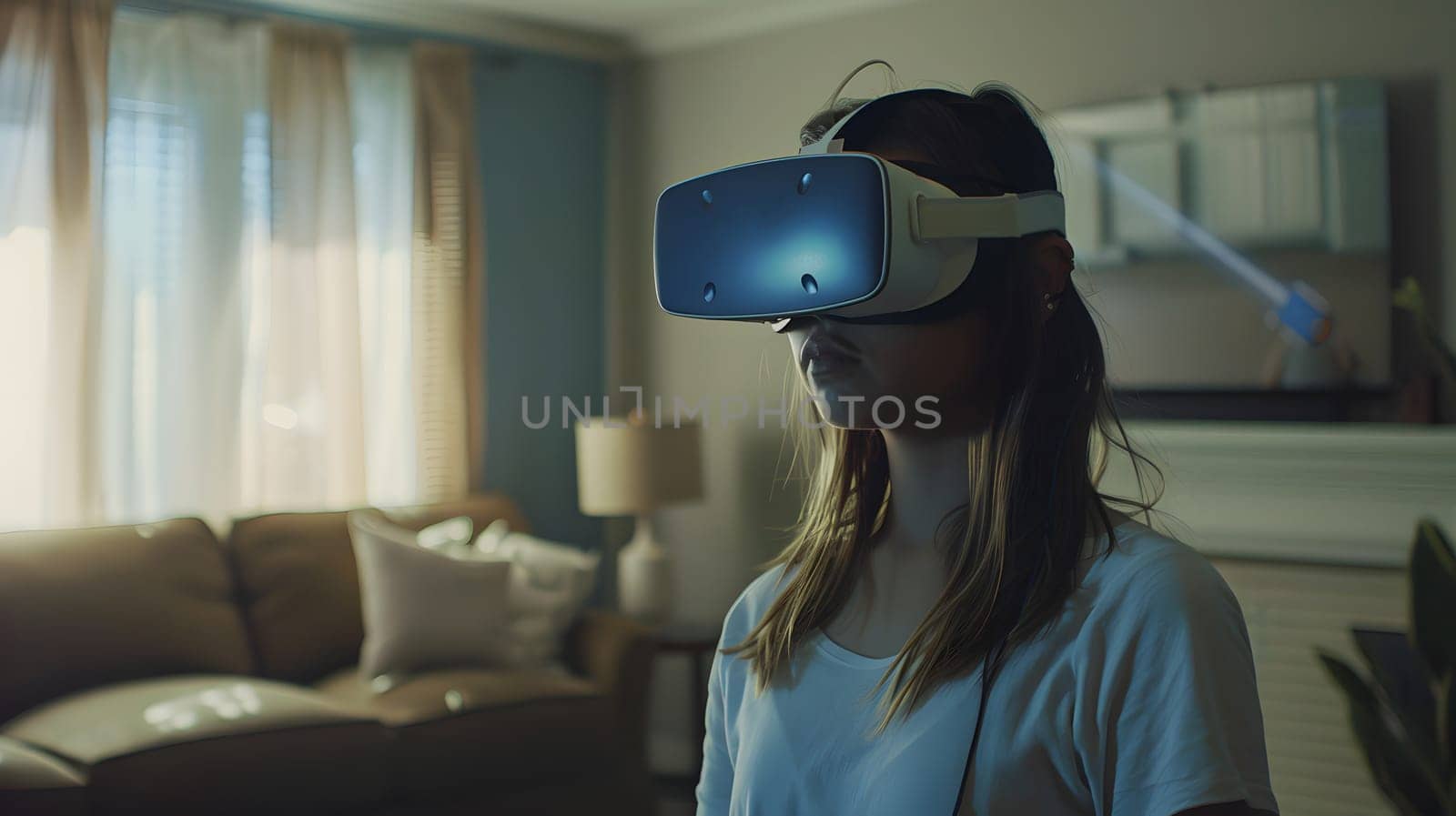 A woman is in a living room wearing a virtual reality helmet, surrounded by a couch, window, and curtain. She looks immersed in an event through her eyewear