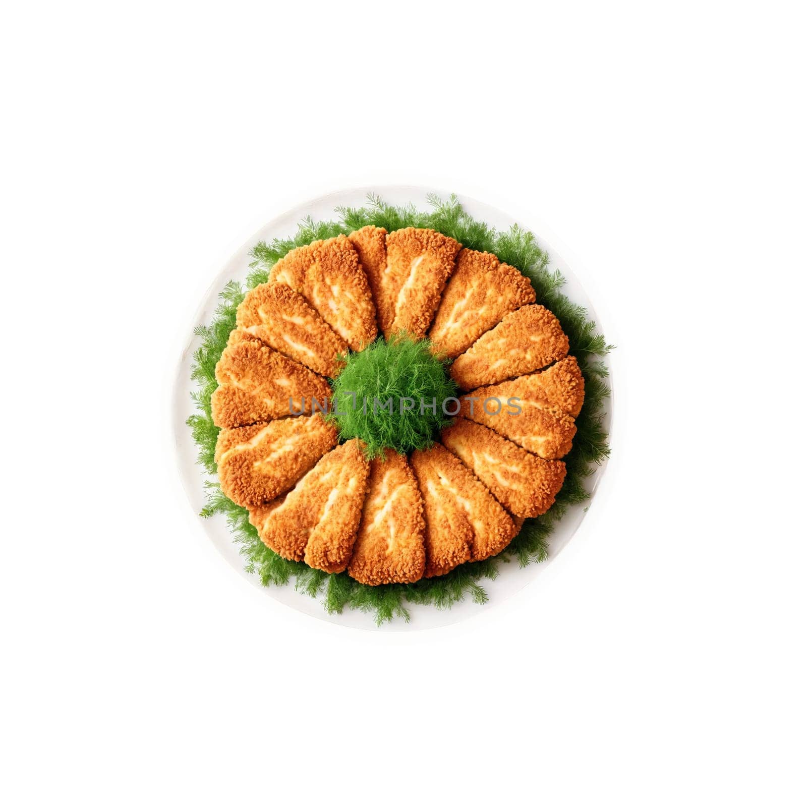 Pozharsky Cutlet Mandala golden breaded ground chicken cutlets arranged in a precise radial design garnished by panophotograph