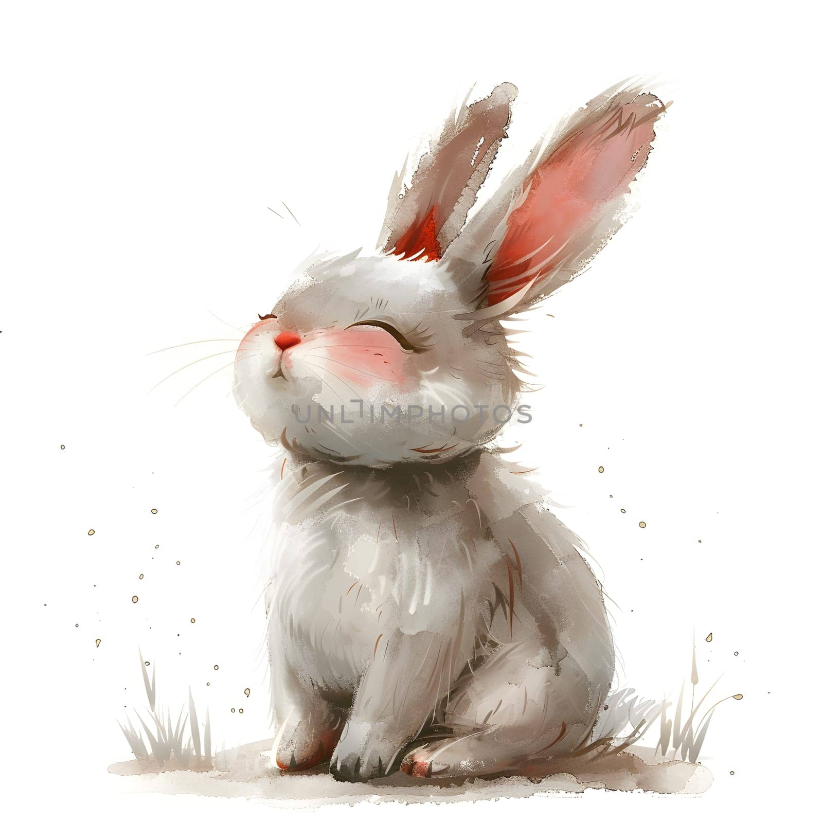 White rabbit with red ears resting in grass, eyes shut by Nadtochiy