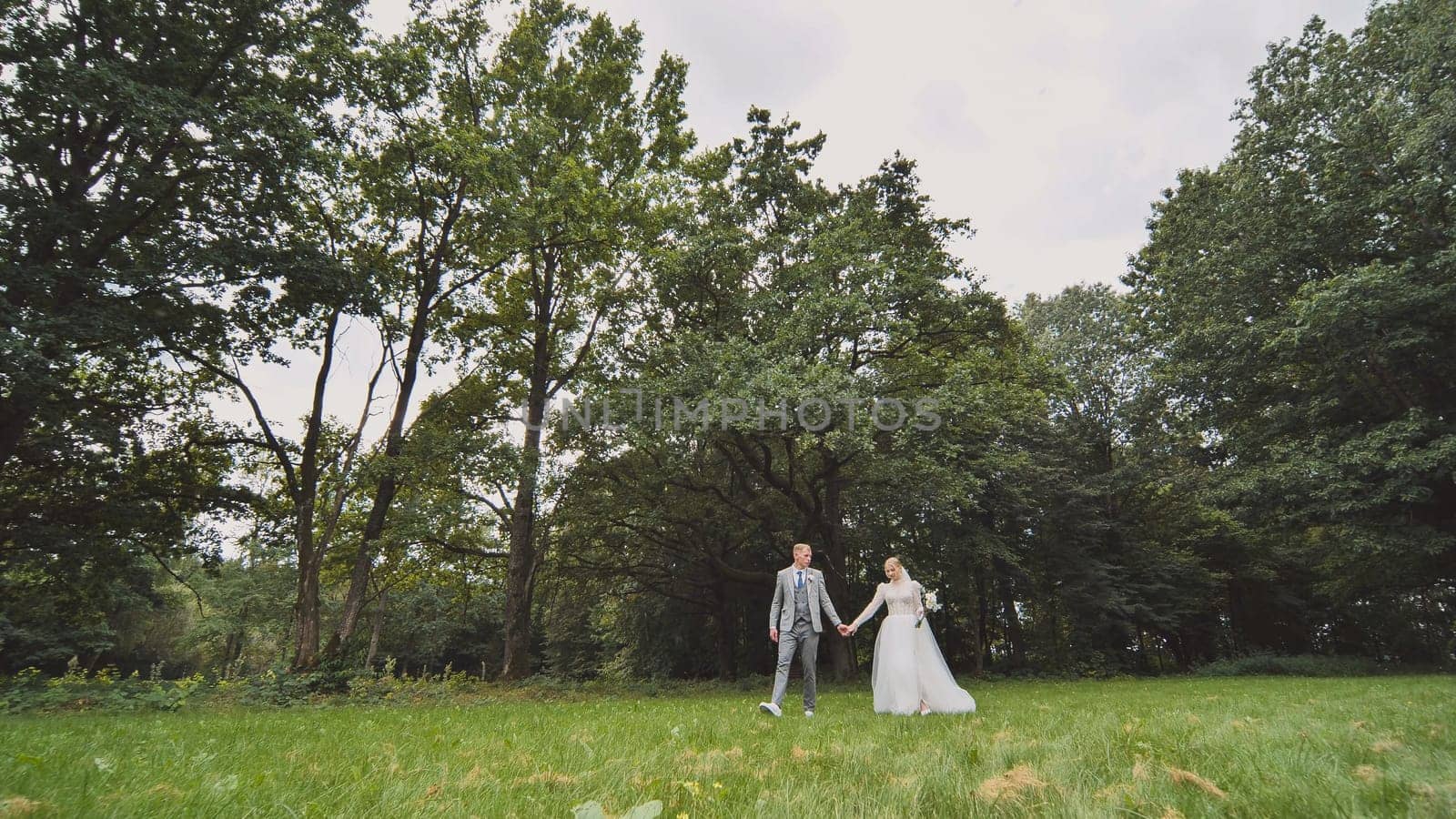 The bride and groom walk against a backdrop of dense trees