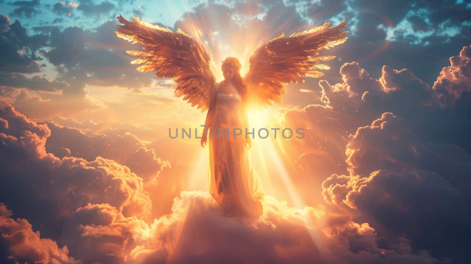 A woman angel is flying in the sky with the sun shining on her. The sky is filled with clouds, giving the image a dreamy and ethereal feel