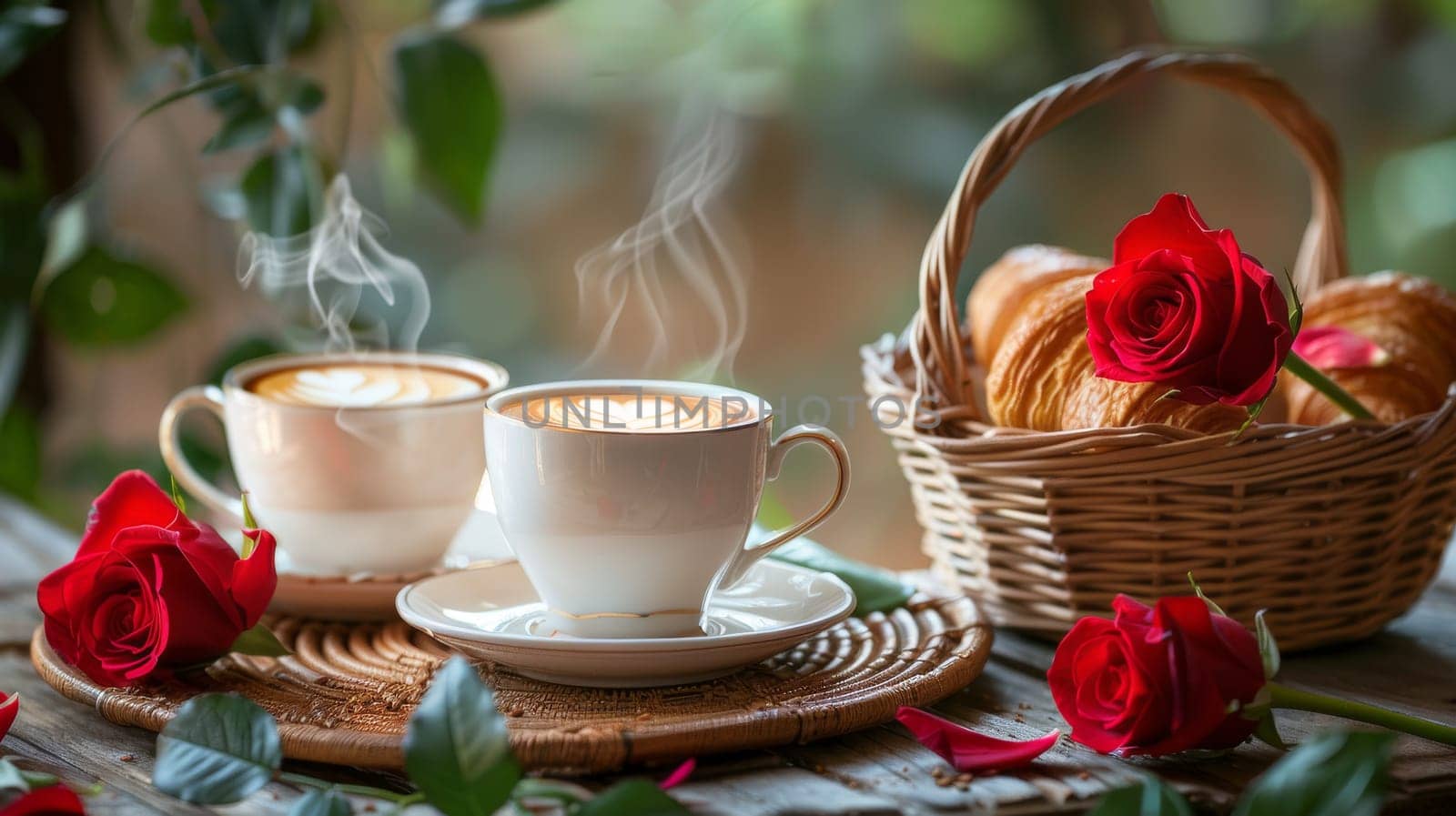 A white coffee cup with a heart on it sits on a table next to a basket of croissants and a bouquet of red roses