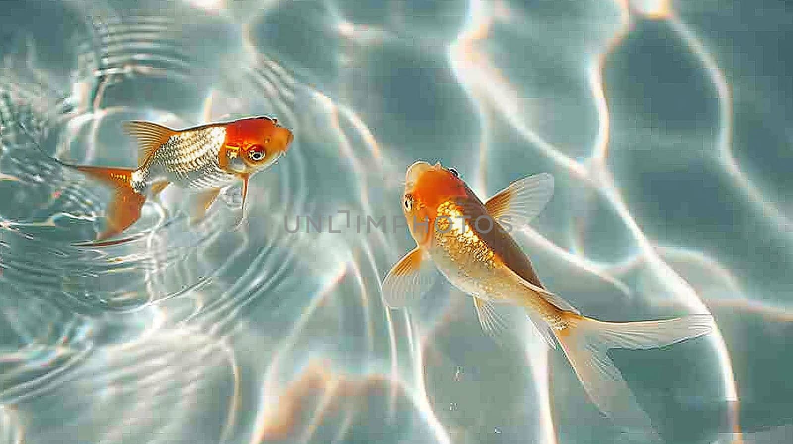 Two goldfish swimming in a pool of water. The water is clear and calm. The fish are swimming close to each other