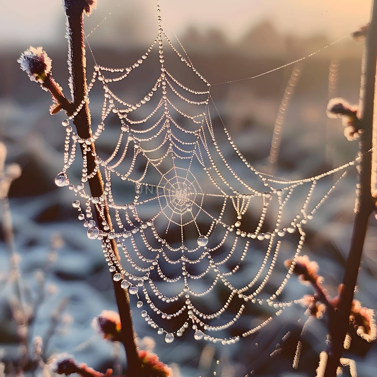 a close up of a spider web with water drops on it by Nadtochiy