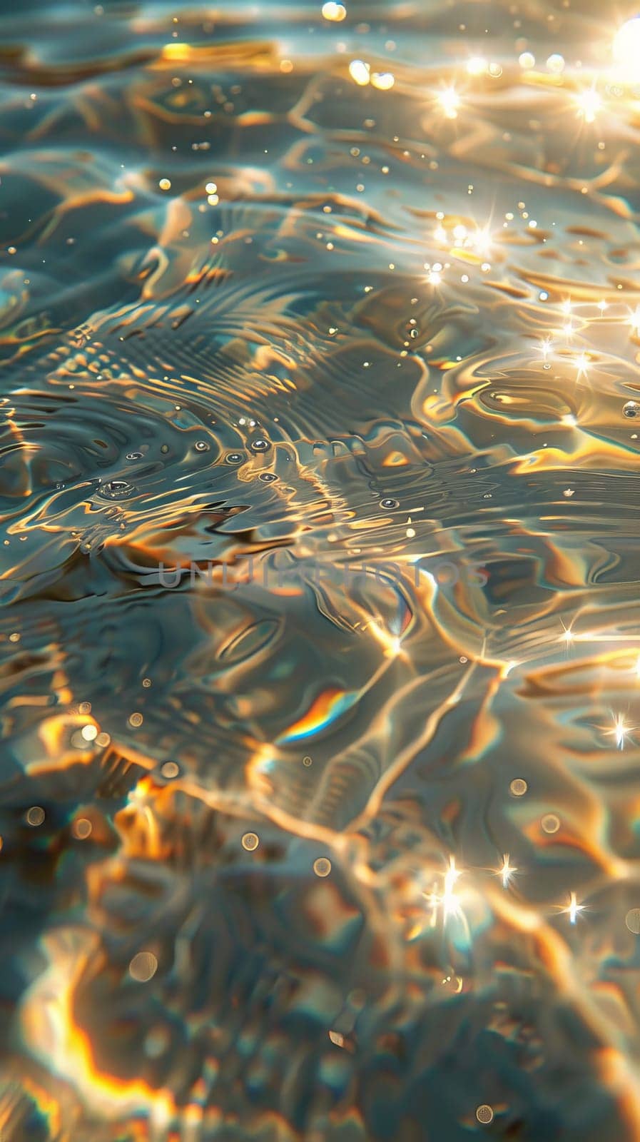 The water is reflecting the sun's rays, creating a beautiful and serene scene. The water is calm and still, with ripples forming around the rocks