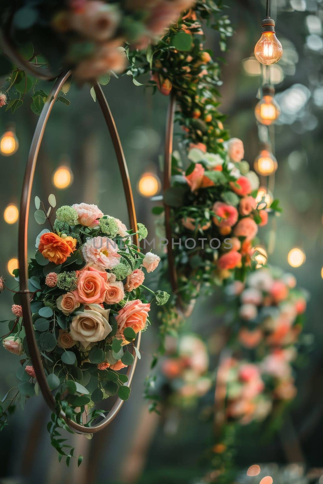 A series of flower arrangements are suspended from the ceiling, creating a warm and inviting atmosphere. The flowers are of various colors and sizes, and they are arranged in a circular pattern