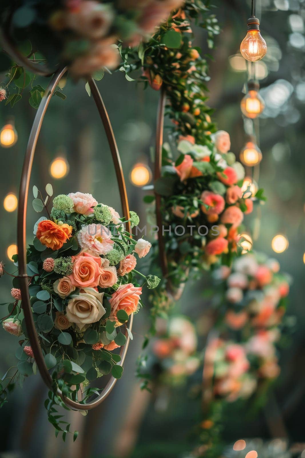 A series of flower arrangements are suspended from the ceiling, creating a warm by itchaznong