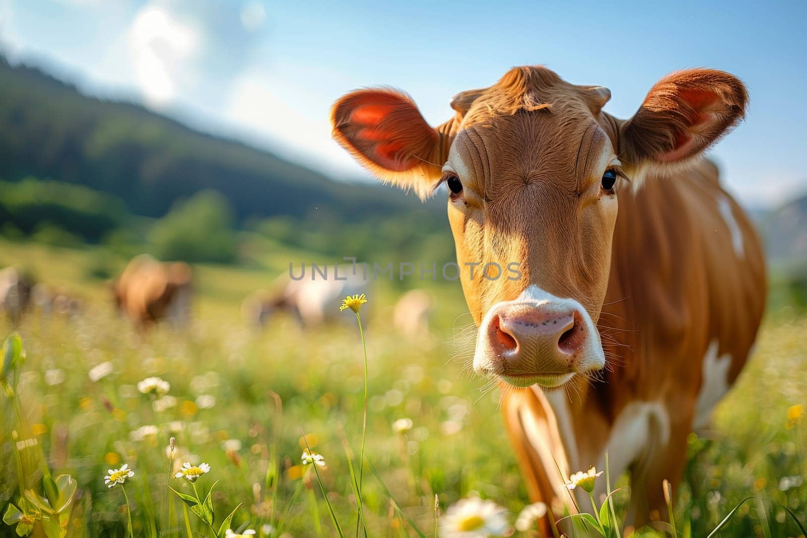A cow is standing in a field of flowers. The cow is brown and white with a white nose. The field is lush and green, and the flowers are scattered throughout the area