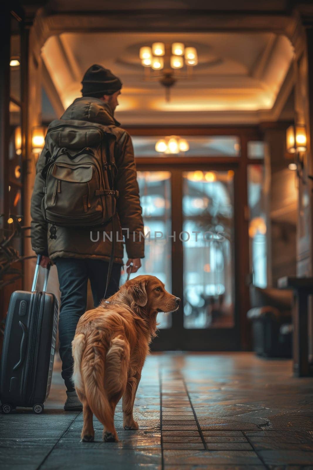 A person with a dog is standing in front of a door with a suitcase. The scene is set in a hotel lobby, and the person is likely waiting for their luggage to arrive. Scene is calm and relaxed