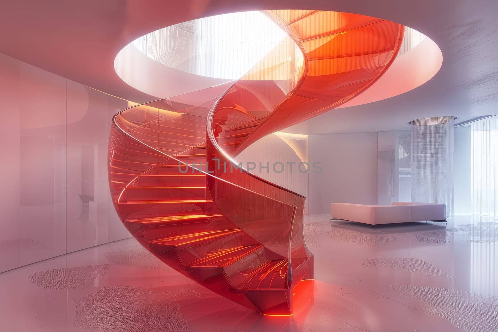 A spiral staircase with red steps is lit up and is the focal point of the room. The staircase is surrounded by a white room with a bed and a couch
