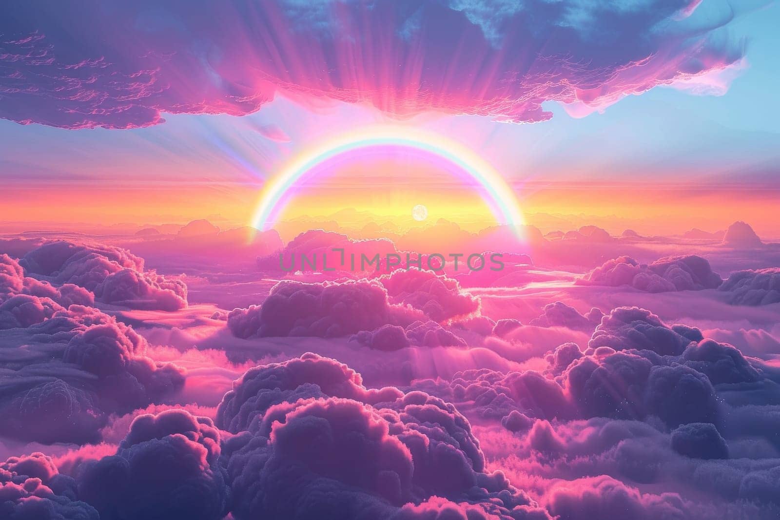 A rainbow is seen in the sky above a cloudy sky. The sky is a mix of pink and purple colors, creating a dreamy and peaceful atmosphere