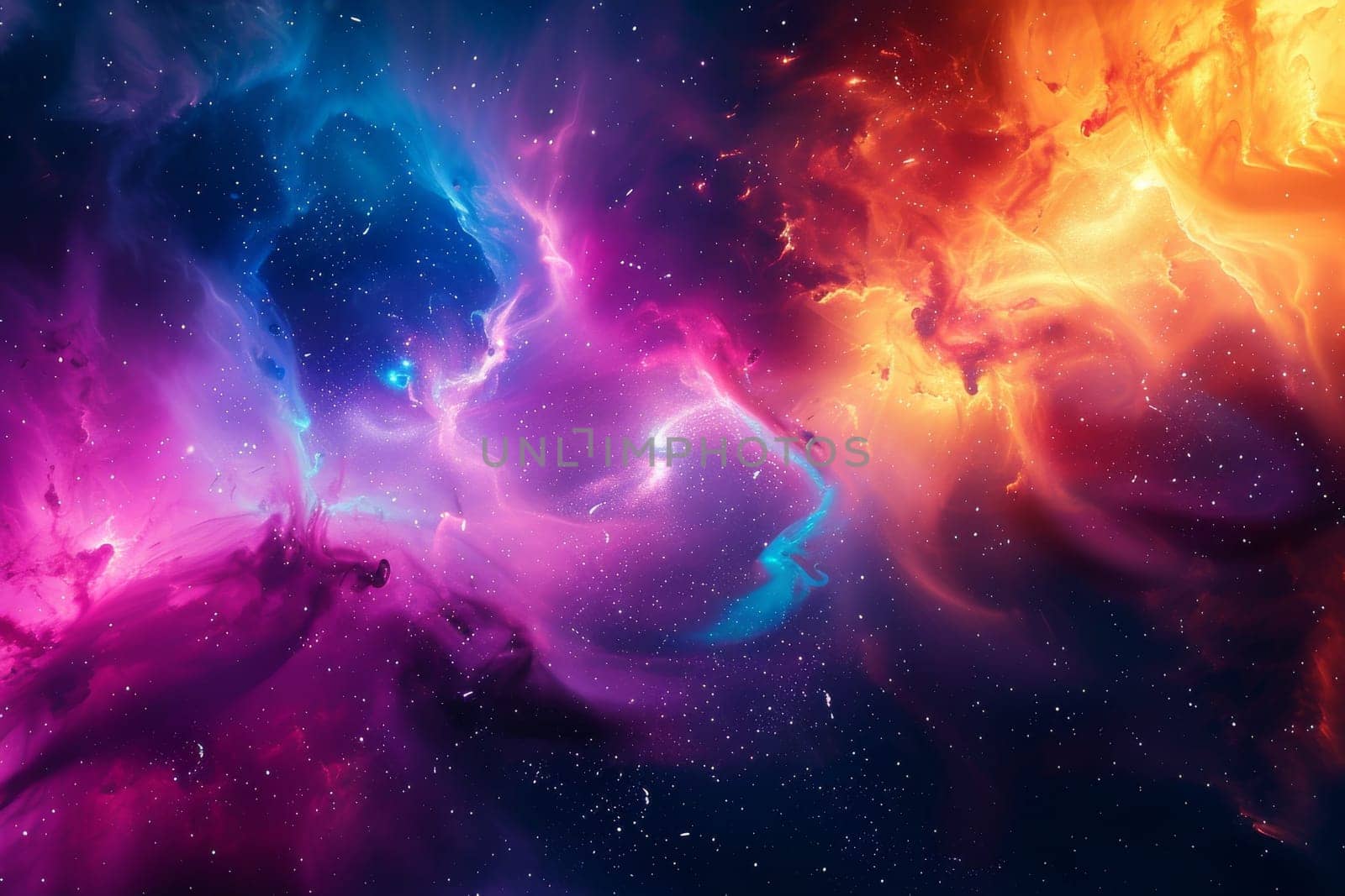 A colorful space scene with a purple cloud in the middle. The sky is filled with stars and the colors are vibrant
