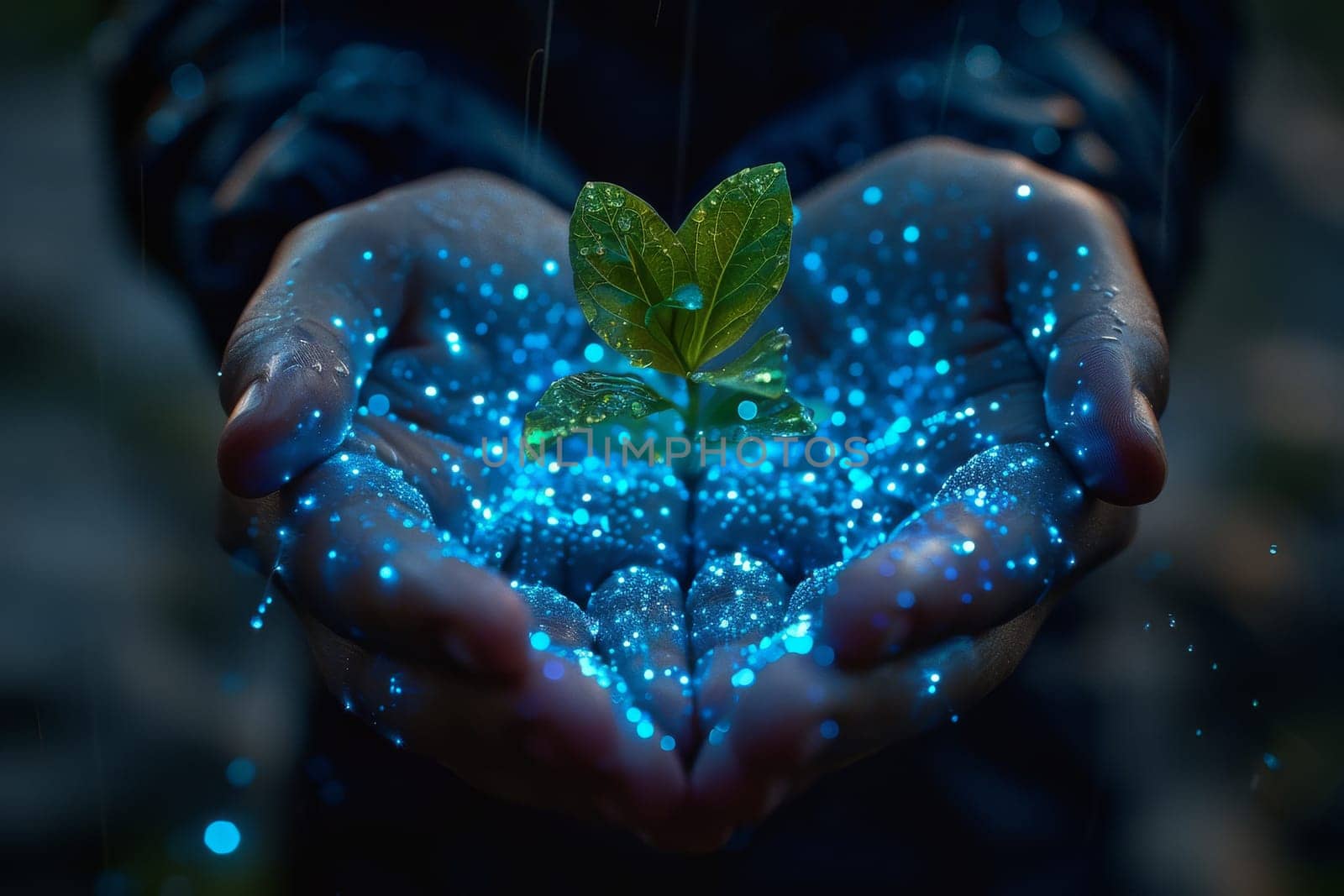 A hand holding a leaf with a futuristic background. Business growth and green energy by itchaznong