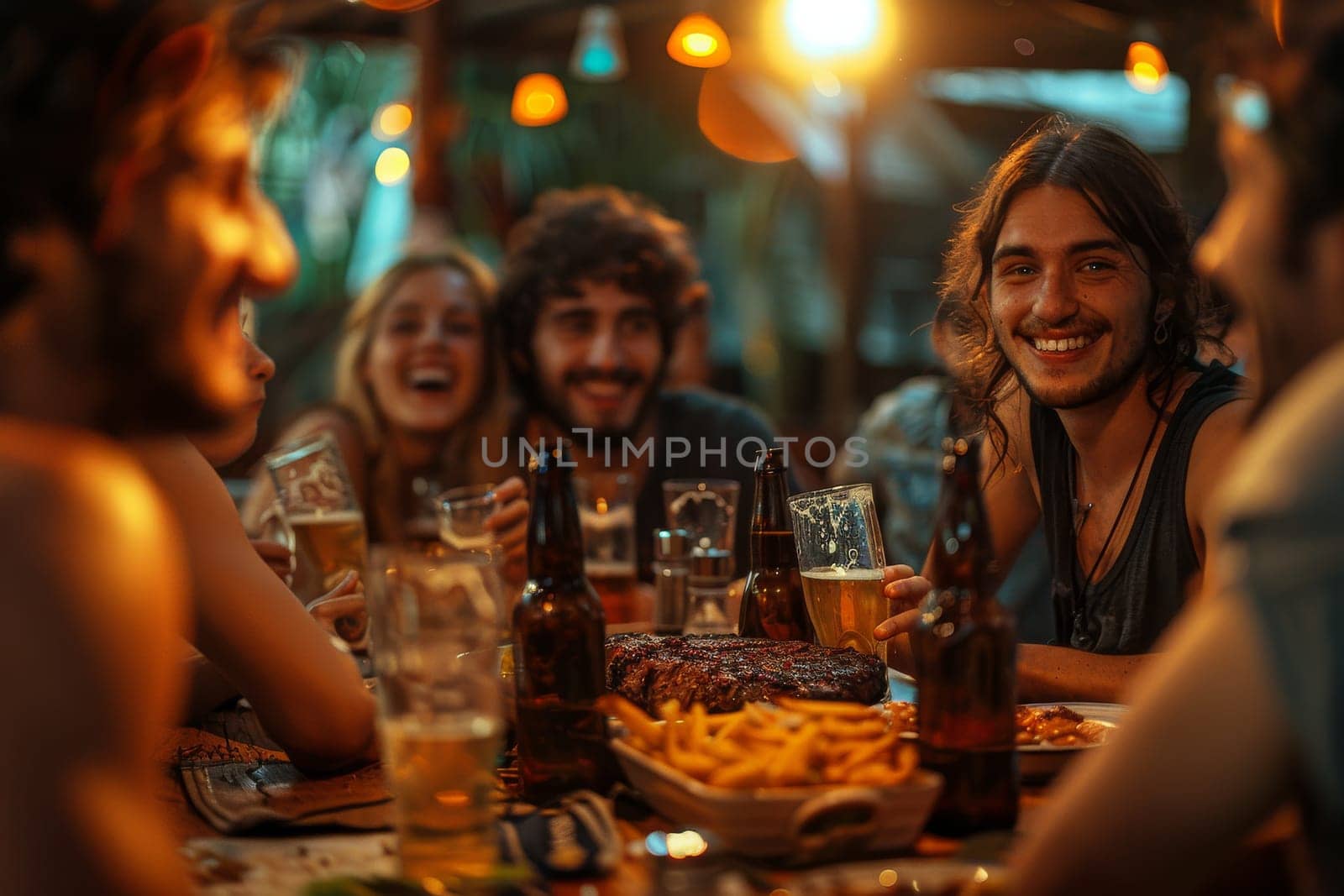 A group of people are sitting around a table with food and drinks by itchaznong