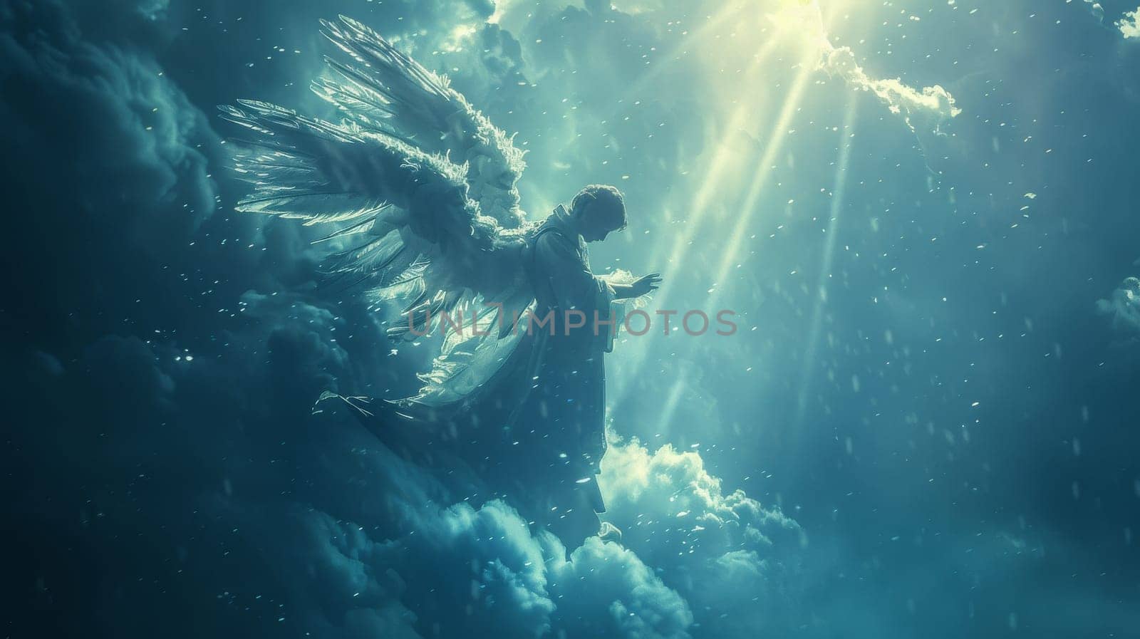 A beautiful angel is flying in the sky with a bright sun shining on it. The scene is peaceful and serene, with the angel appearing to be reaching out to the sun